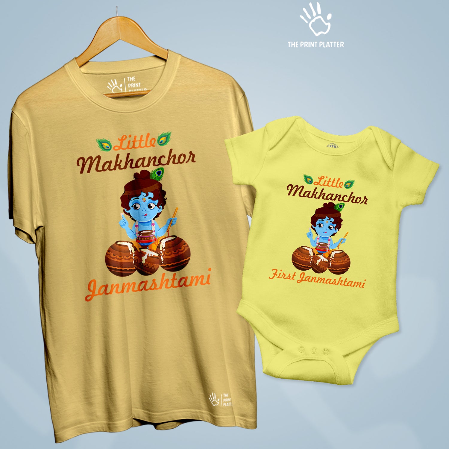 Little Makhanchor Krishna Janmashtami Unisex Cotton Bio Wash 180gsm T-shirt + Half Sleeve Romper Combo | Combo-Janmashtami-11