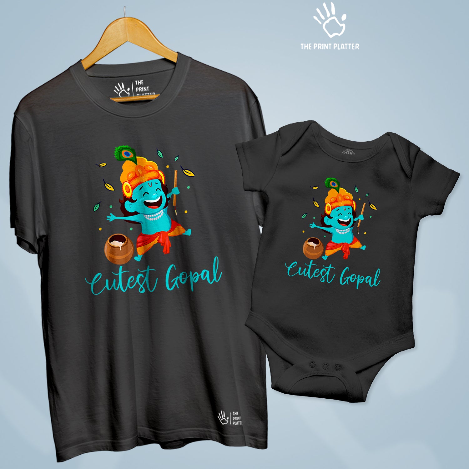 Cutest Gopal Unisex Cotton Bio Wash 180gsm T-shirt + Half Sleeve Romper Combo | Combo-Janmashtami-3