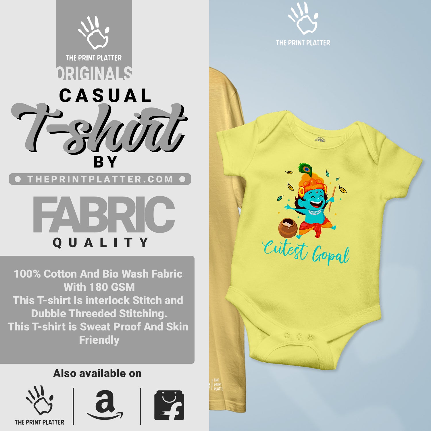 Cutest Gopal Unisex Cotton Bio Wash 180gsm T-shirt + Half Sleeve Romper Combo | Combo-Janmashtami-3