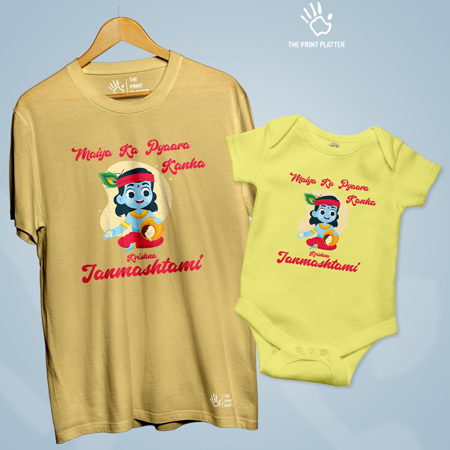 Maiya Ka Pyaara Kanha Krishna Janmashtami Unisex Cotton Bio Wash 180gsm T-shirt + Half Sleeve Romper Combo | Combo-Janmashtami-7