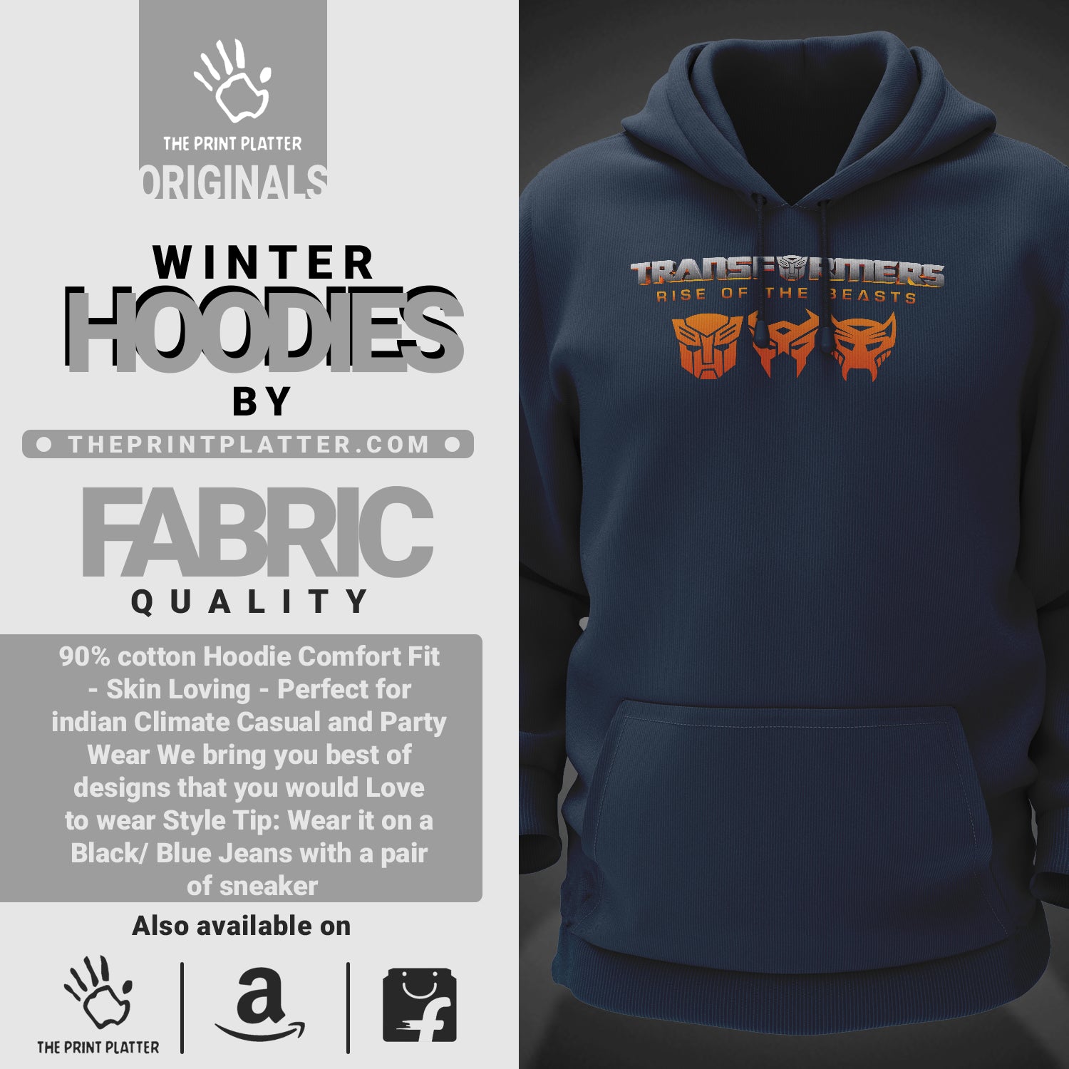 Transformers Cotton Bio Wash 330gsm Sweatshirt with Hood for Winter | H-R124