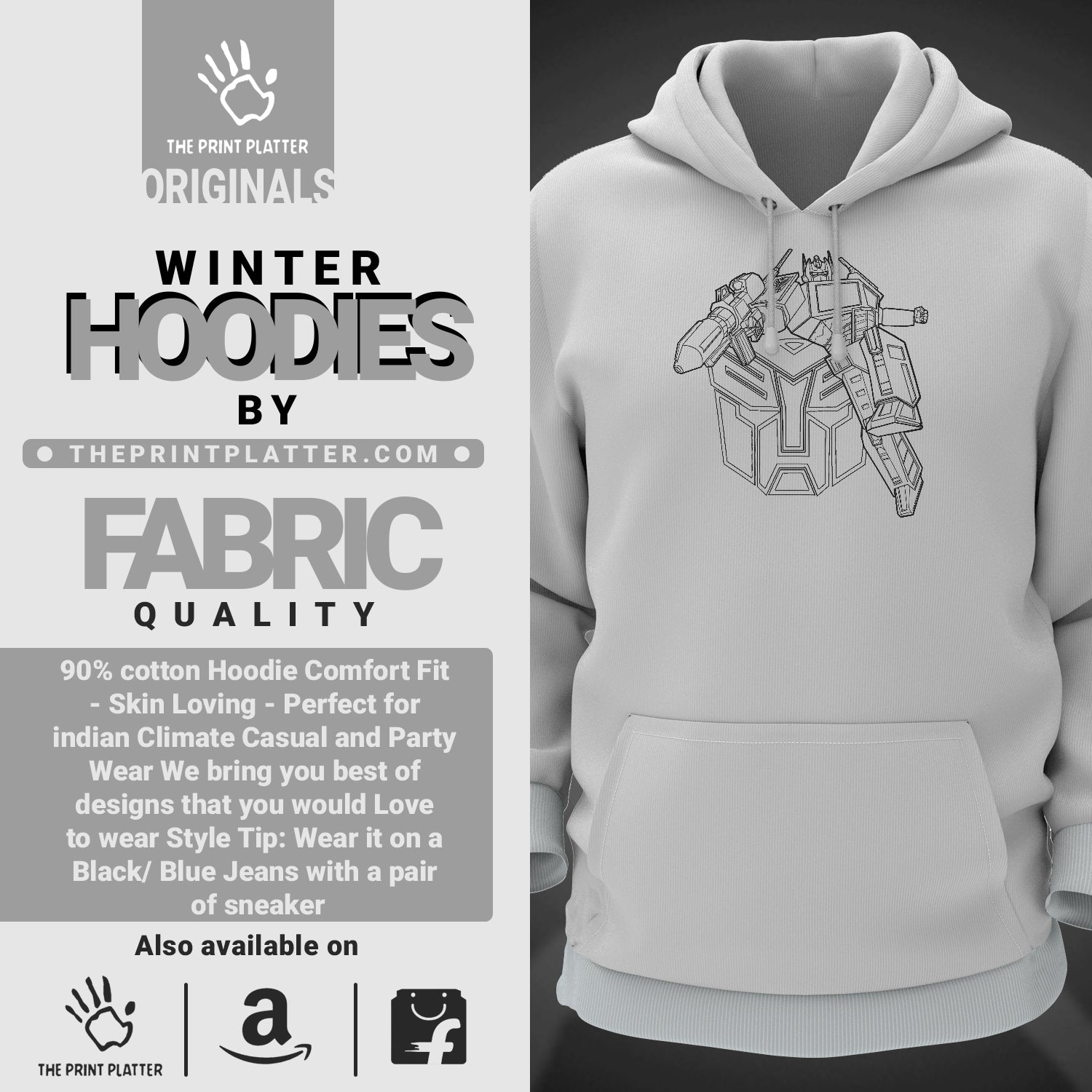 Transformers Cotton Bio Wash 330gsm Sweatshirt with Hood for Winter | H-R130