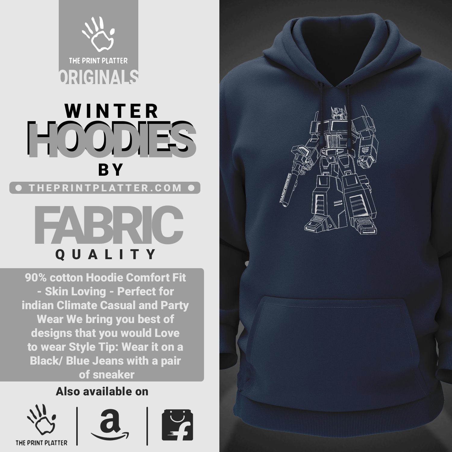 Transformers Cotton Bio Wash 330gsm Sweatshirt with Hood for Winter | H-R131