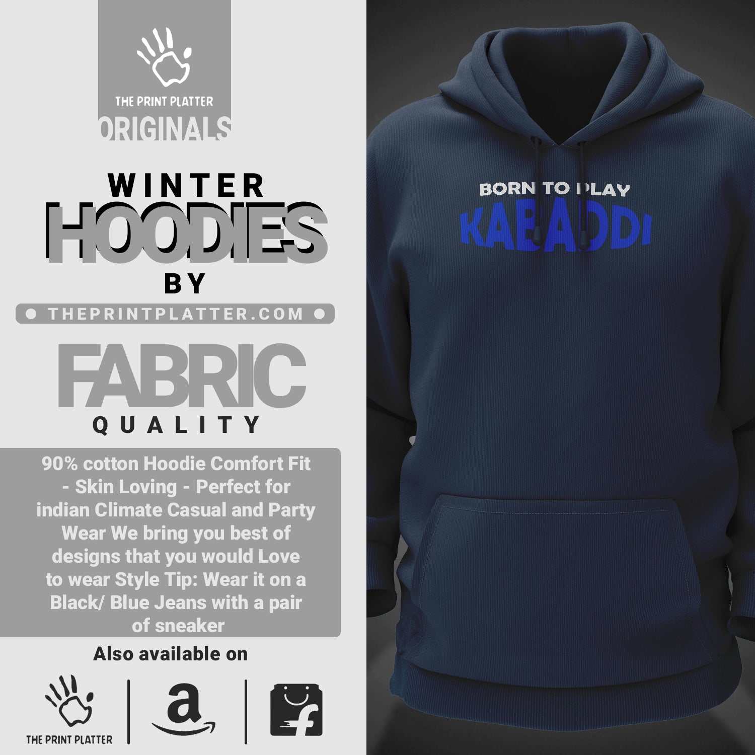 Born To Play Kabaddi Cotton Bio Wash 330gsm Sweatshirt with Hood for Winter | H-R147