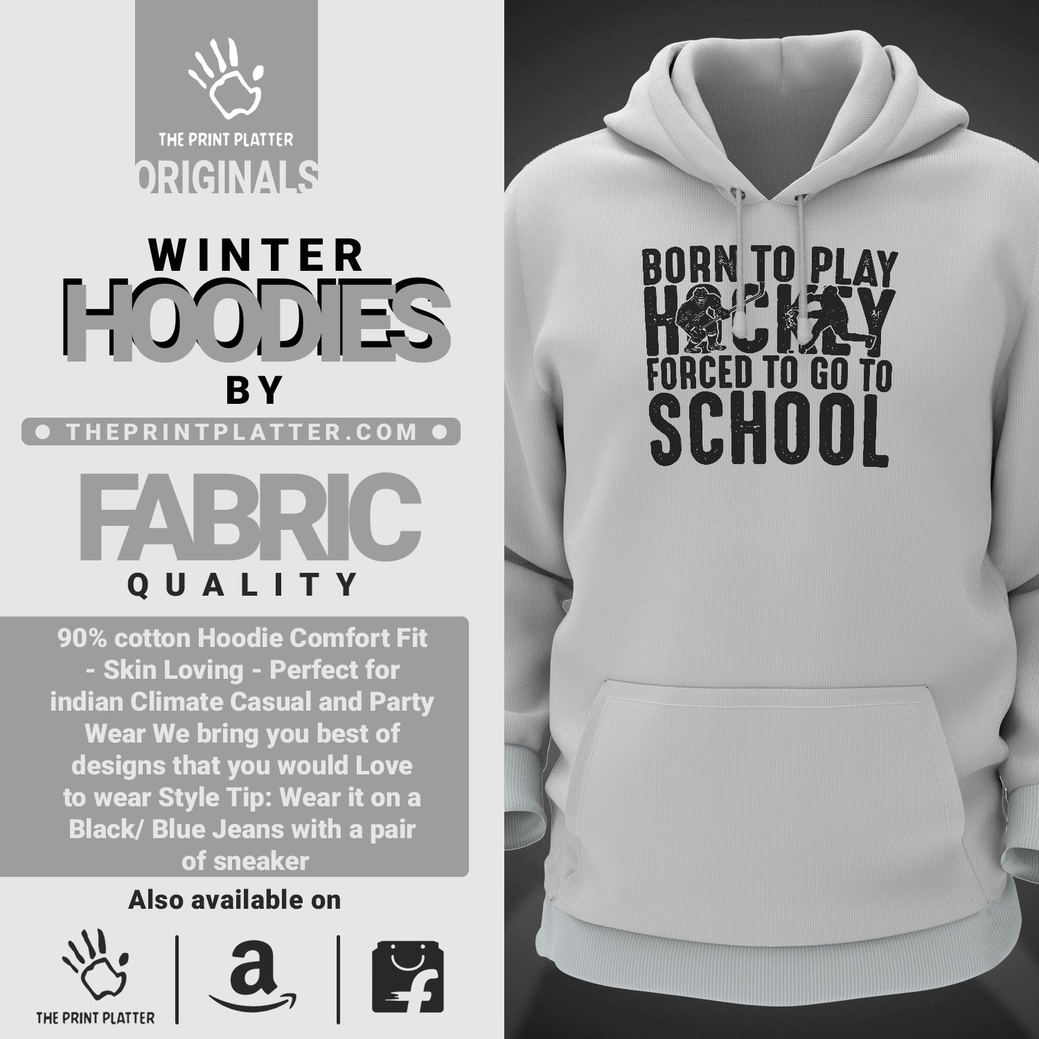 Born To Play Hockey Forced To Go To School Cotton Bio Wash 330gsm Sweatshirt with Hood for Winter | H-R149