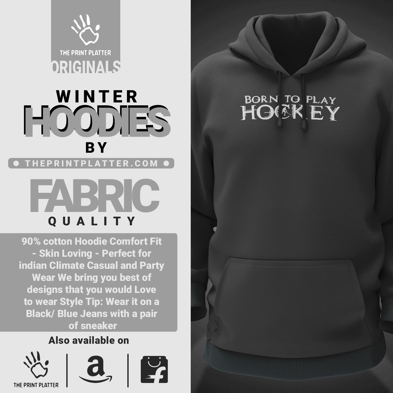 Born To Play Hockey Cotton Bio Wash 330gsm Sweatshirt with Hood for Winter | H-R151