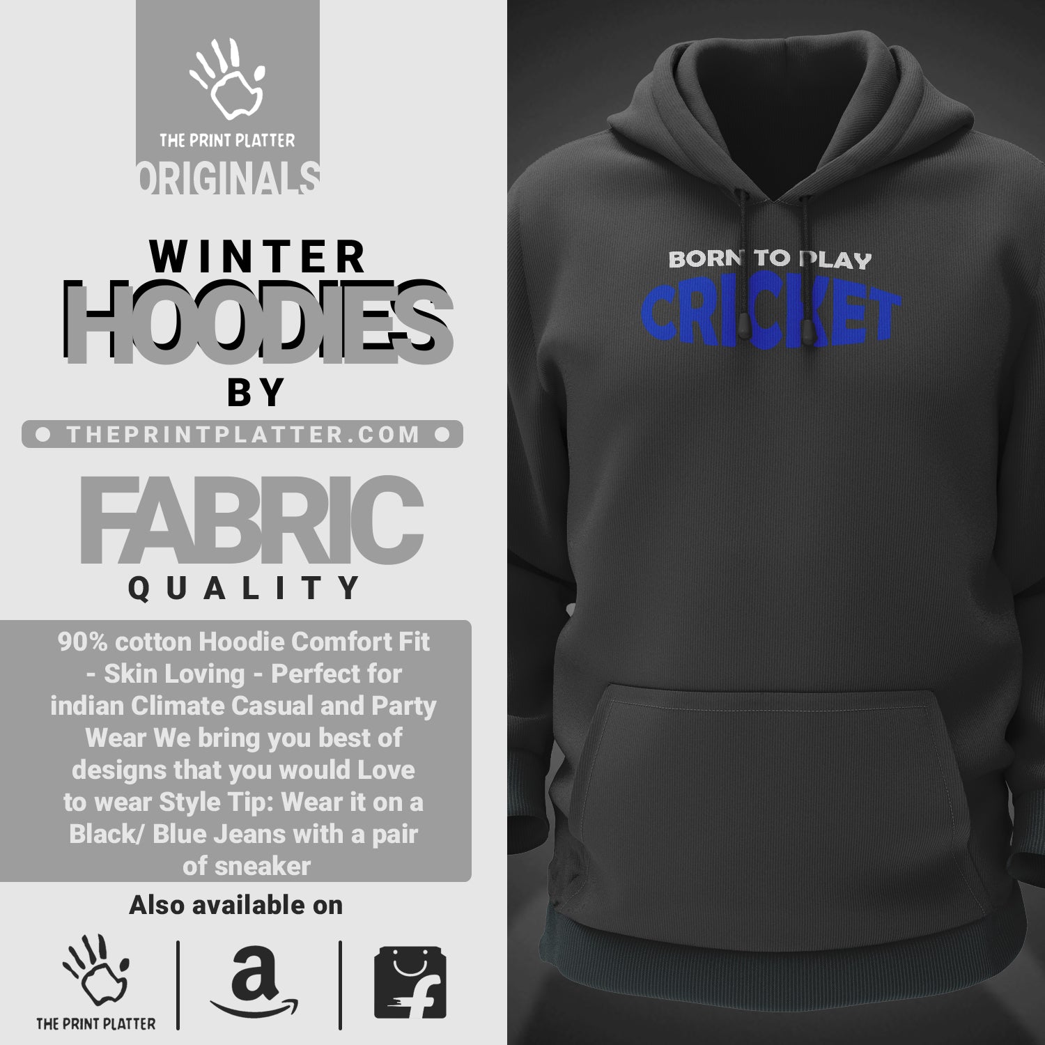 Born To Play Cricket Cotton Bio Wash 330gsm Sweatshirt with Hood for Winter | H-R160