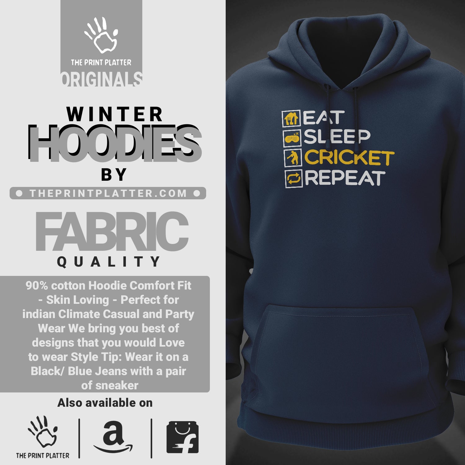 Eat Sleep Cricket Repeat Cotton Bio Wash 330gsm Sweatshirt with Hood for Winter | H-R162