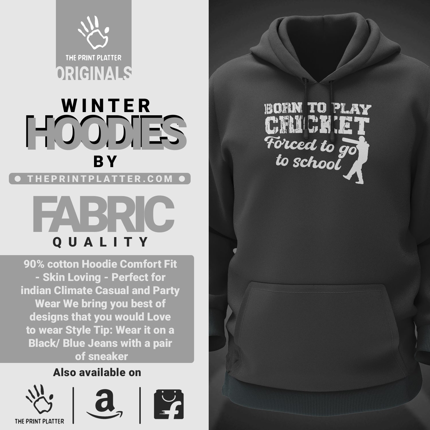 Born To Play Cricket, Forced To Go To School Cotton Bio Wash 330gsm Sweatshirt with Hood for Winter | H-R163