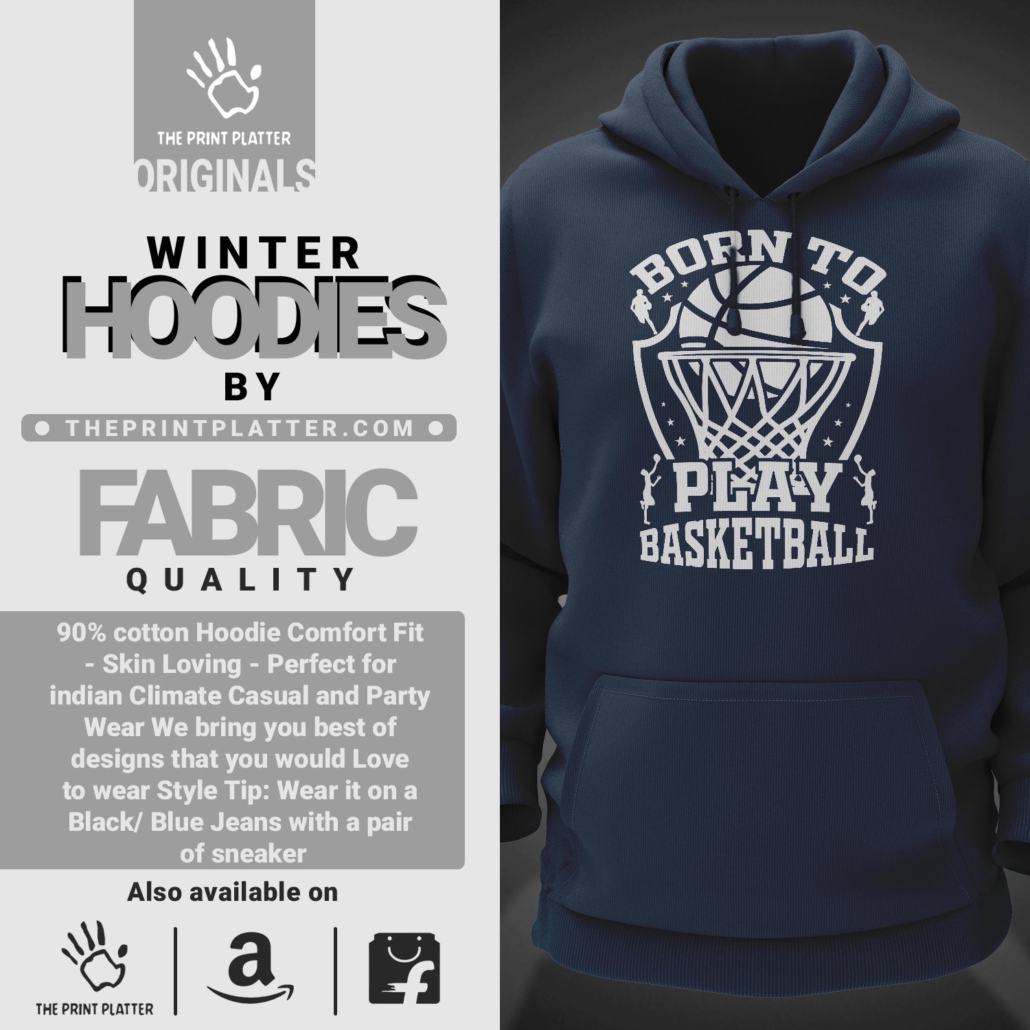 Born To Play Basketball Cotton Bio Wash 330gsm Sweatshirt with Hood for Winter | H-R165