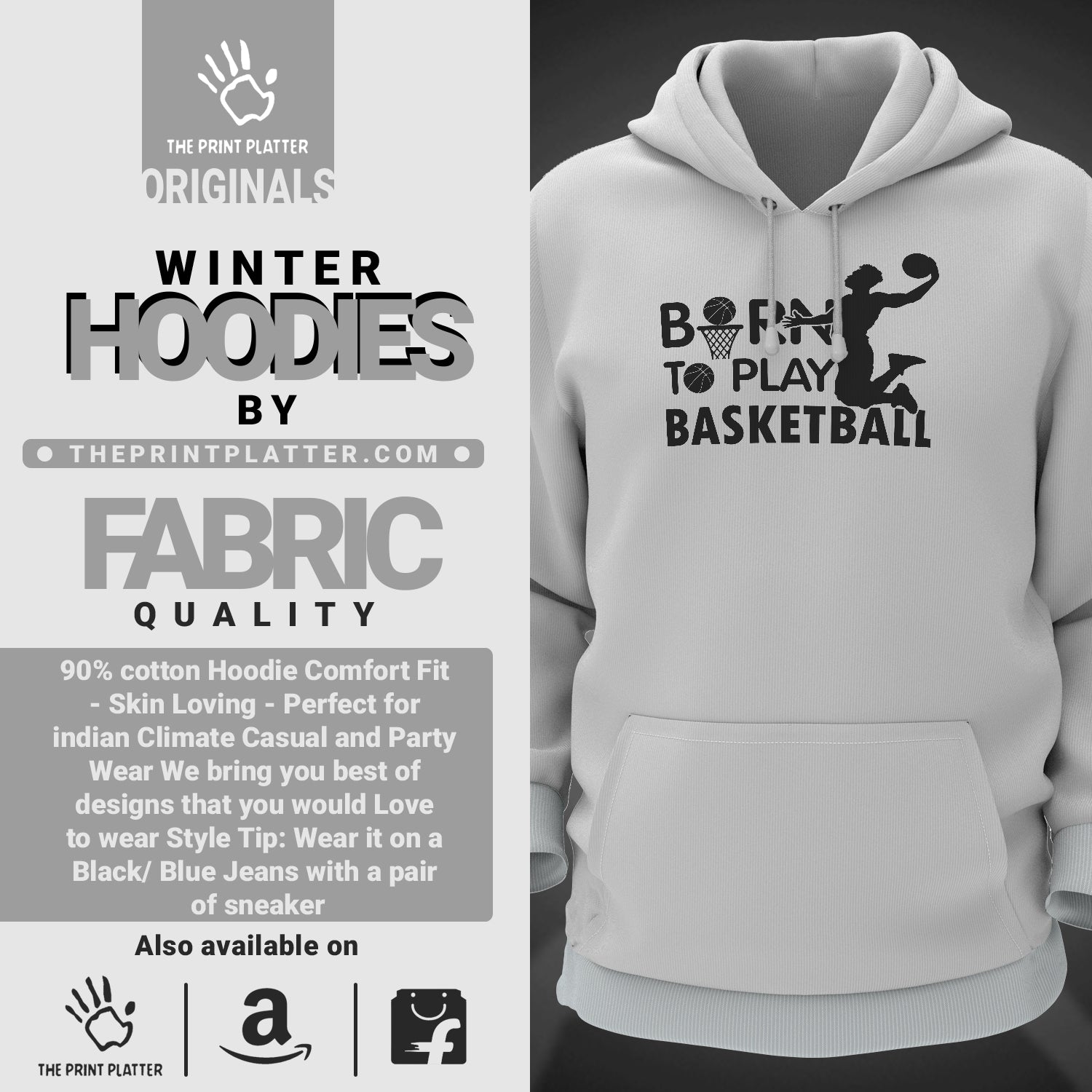 Born To Play Basketball Cotton Bio Wash 330gsm Sweatshirt with Hood for Winter | H-R167