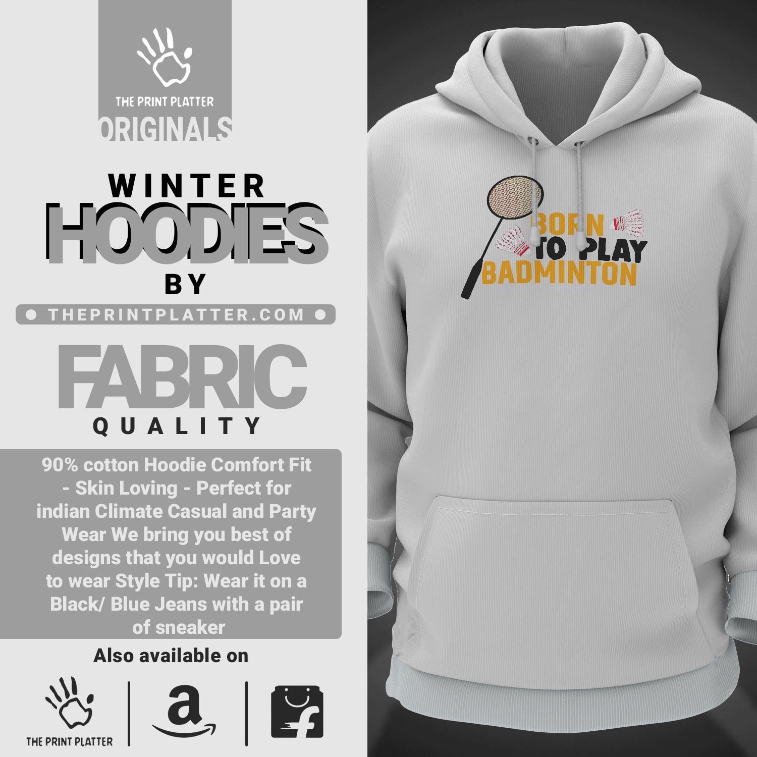 Born To Play Badminton Cotton Bio Wash 330gsm Sweatshirt with Hood for Winter | H-R170