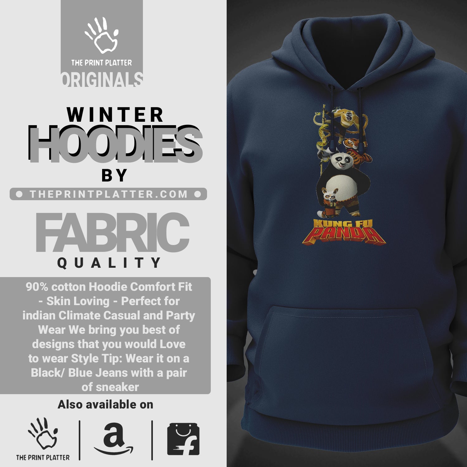 Kung Fu Panda Cotton Bio Wash 330gsm Sweatshirt with Hood for Winter | H-R195