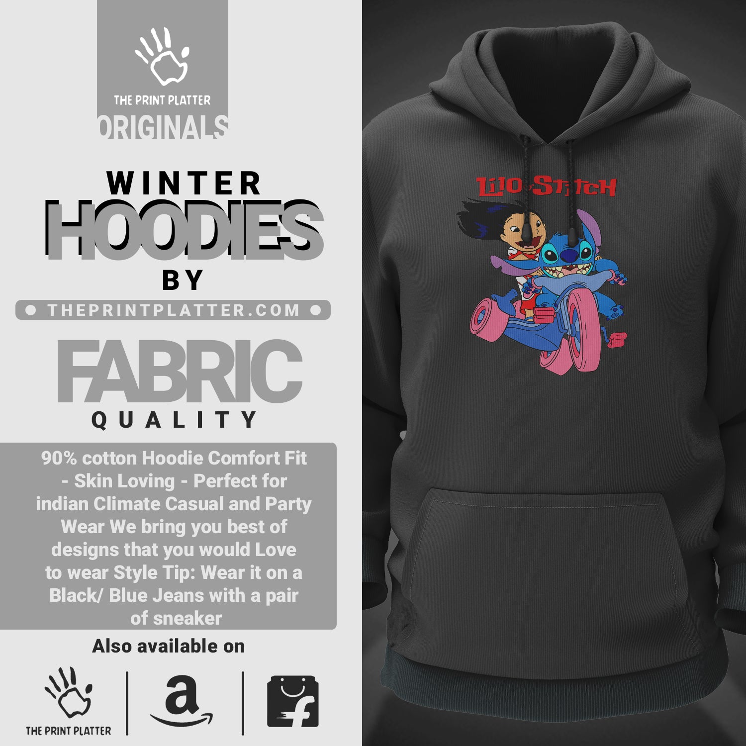 Lilo & Stitch Cotton Bio Wash 330gsm Sweatshirt with Hood for Winter | H-R197