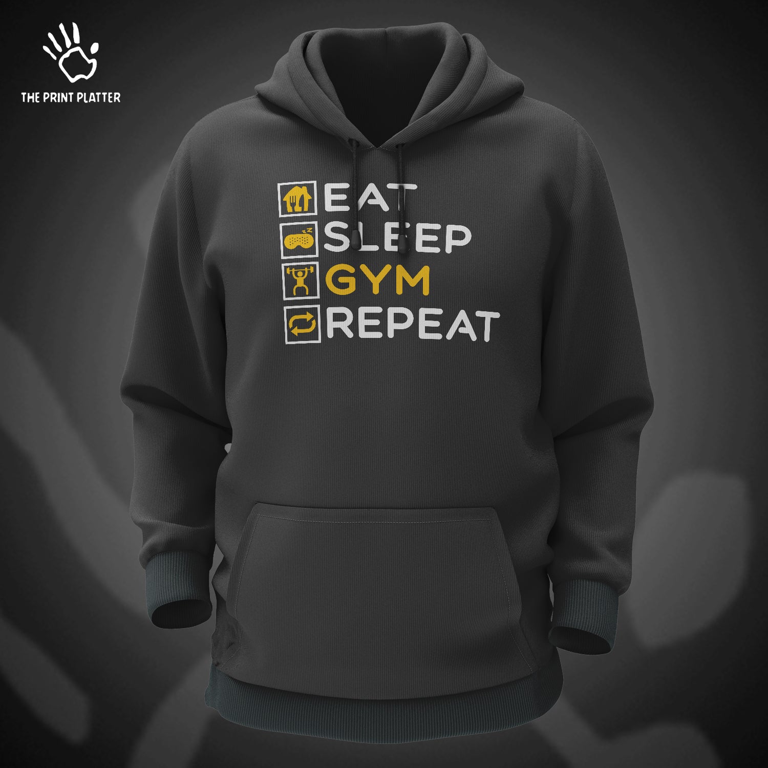 Eat Sleep Gym Repeat Cotton Bio Wash 330gsm Sweatshirt with Hood for Winter | H-R21