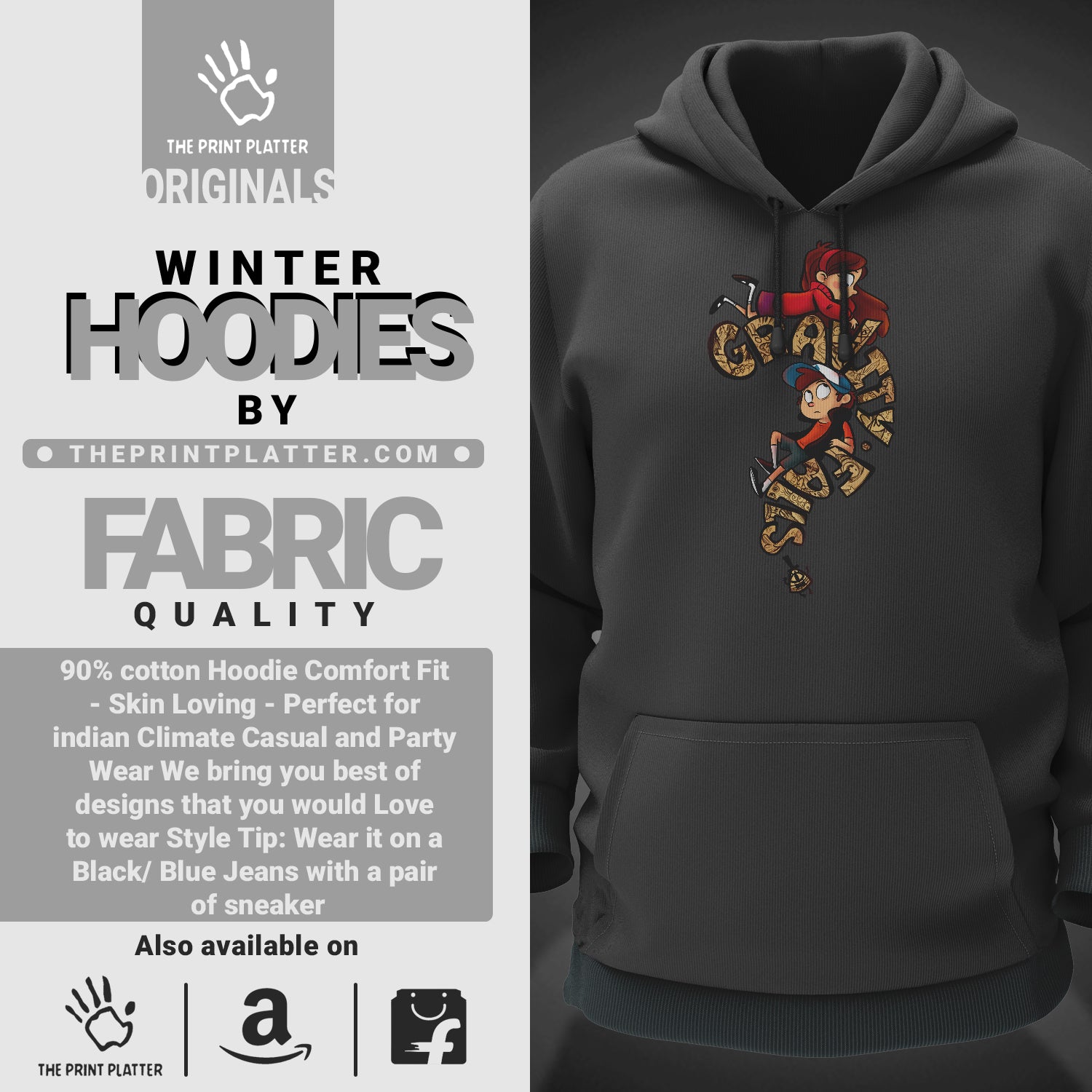 Gravity Falls Cotton Bio Wash 330gsm Sweatshirt with Hood for Winter | H-R218