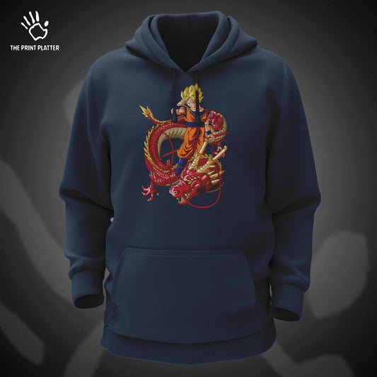 Goku With Red Shenron Cotton Bio Wash 330gsm Sweatshirt with Hood for Winter | H-R238