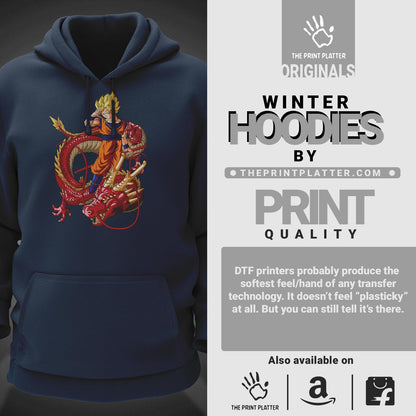 Goku With Red Shenron Cotton Bio Wash 330gsm Sweatshirt with Hood for Winter | H-R238