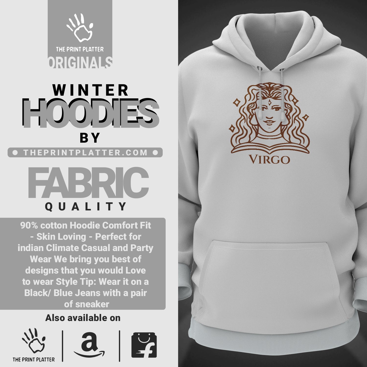 Virgo - Zodiac Cotton Bio Wash 330gsm Sweatshirt with Hood for Winter | H-R313