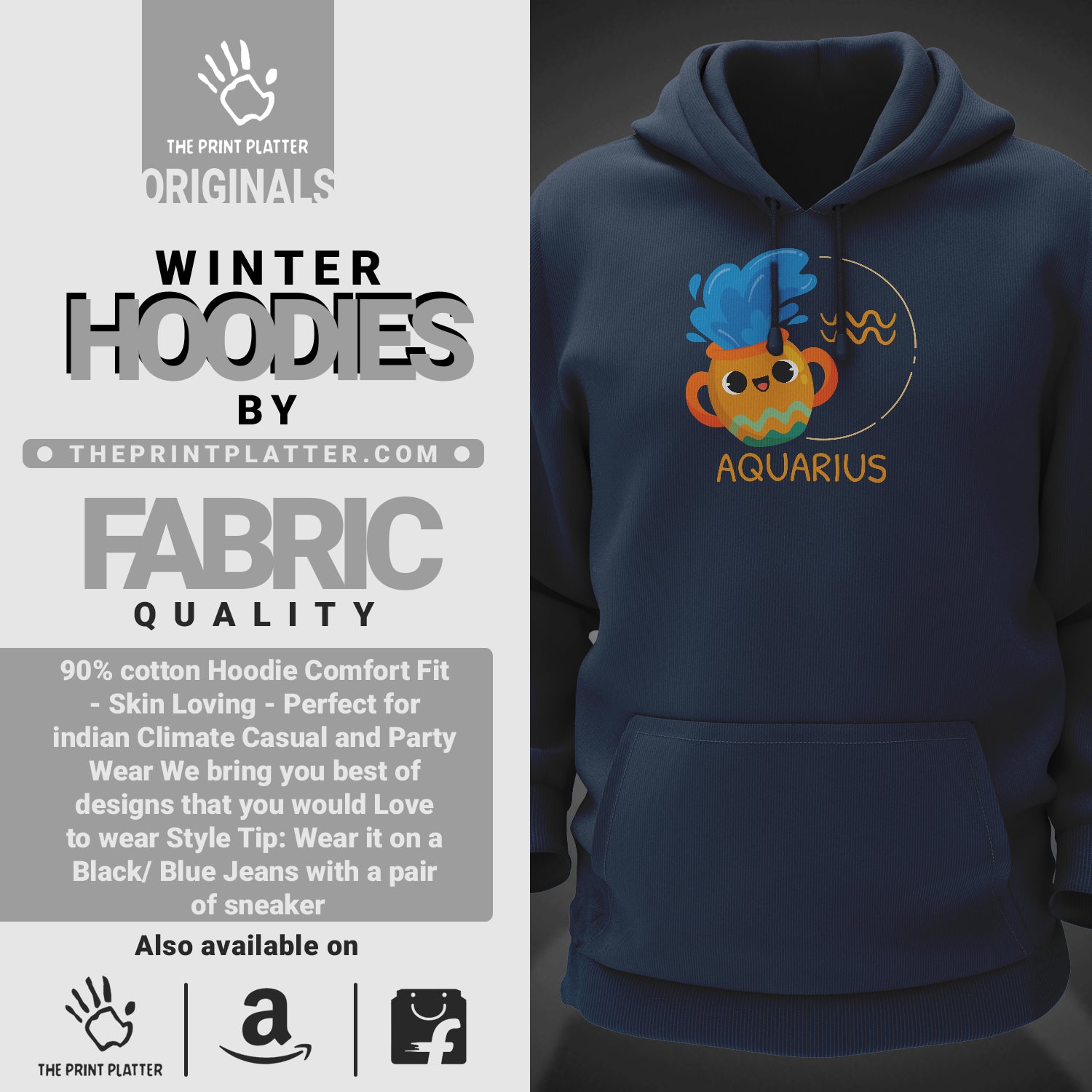 Aquarius - Zodiac Cotton Bio Wash 330gsm Sweatshirt with Hood for Winter | H-R314