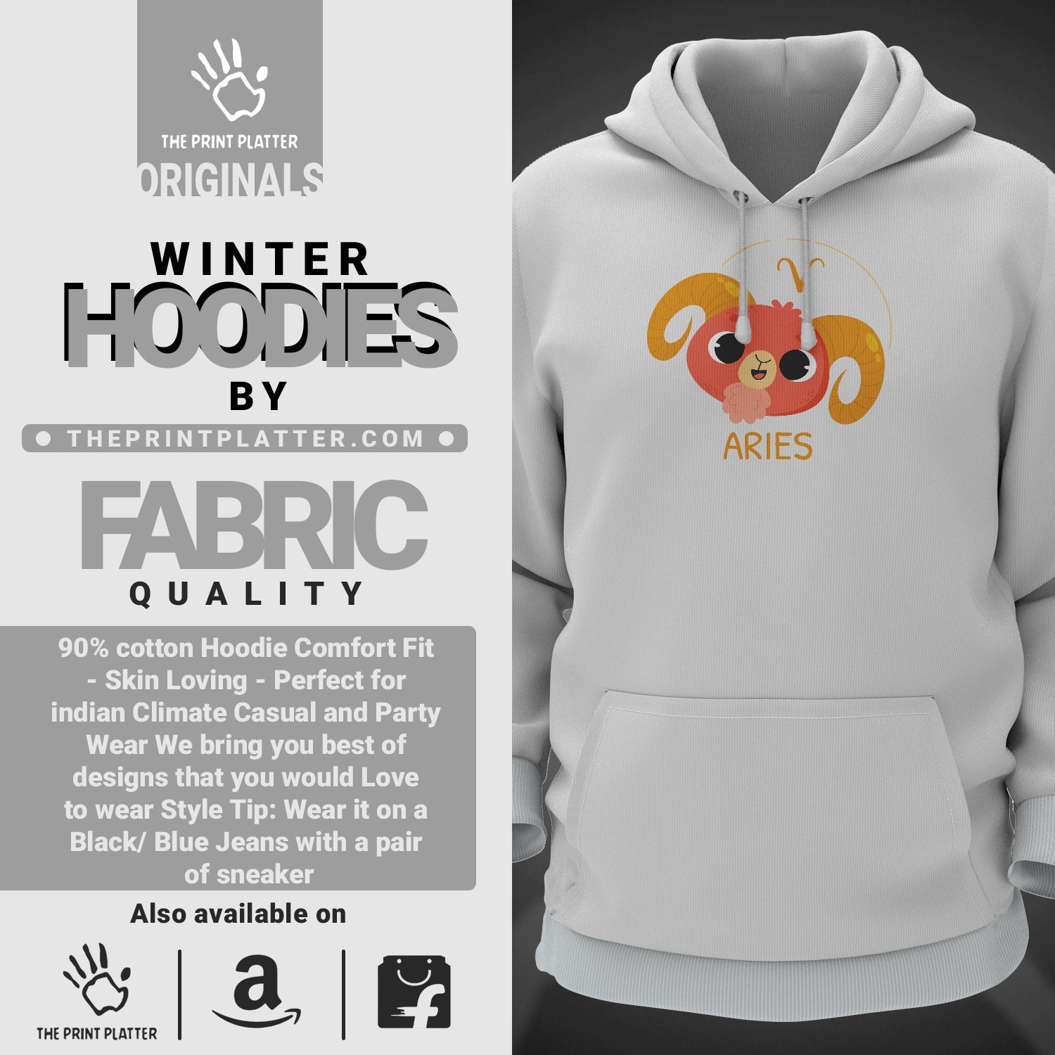 Aries - Zodiac Cotton Bio Wash 330gsm Sweatshirt with Hood for Winter | H-R315