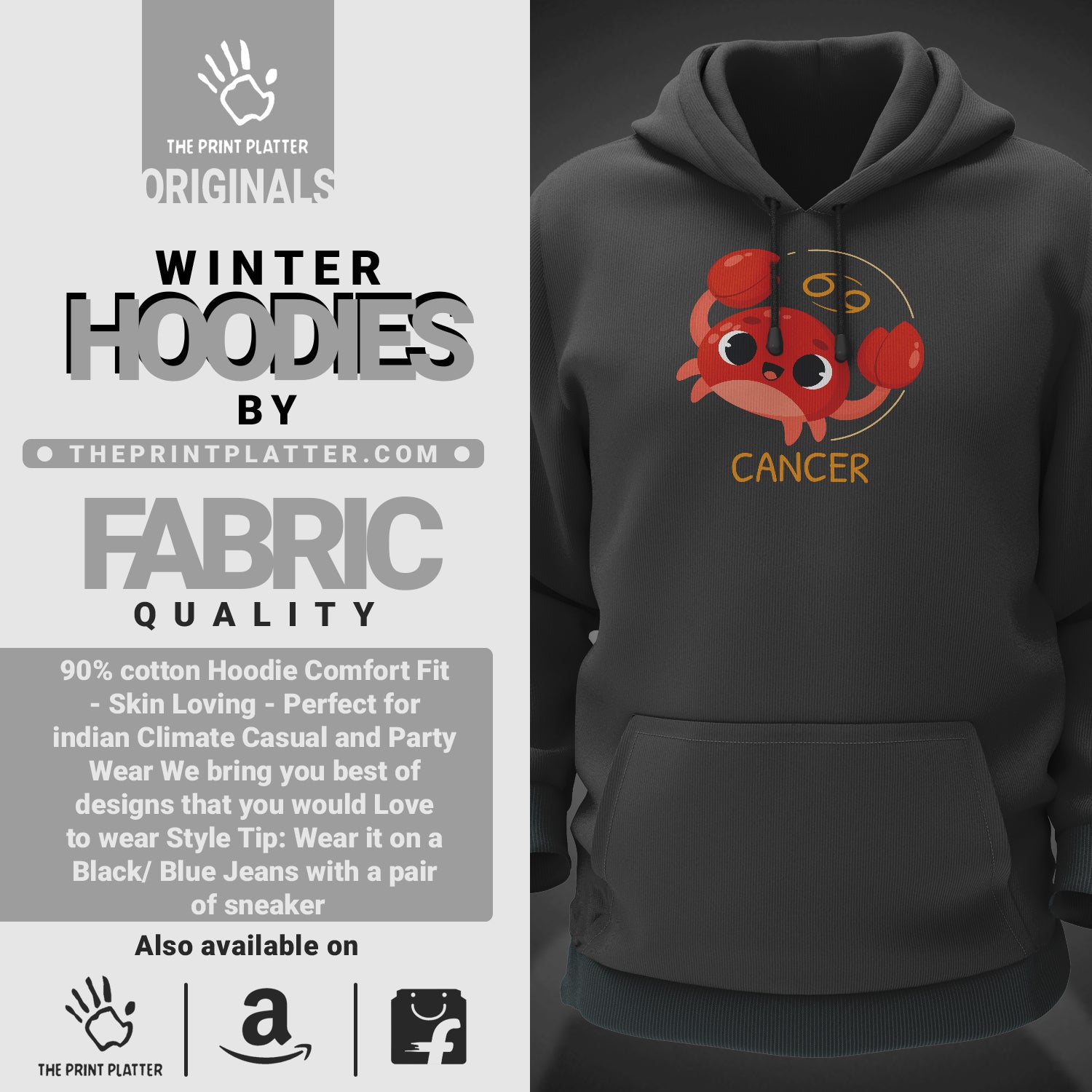 Cancer - Zodiac Cotton Bio Wash 330gsm Sweatshirt with Hood for Winter | H-R316