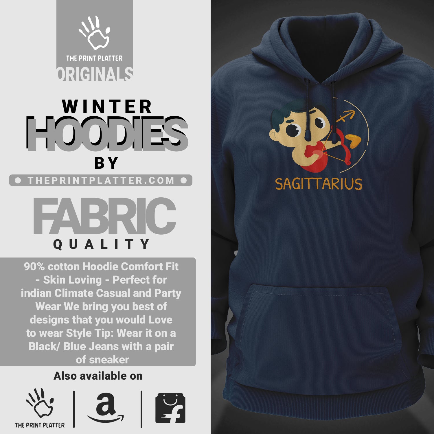 Sagittarius - Zodiac Cotton Bio Wash 330gsm Sweatshirt with Hood for Winter | H-R322