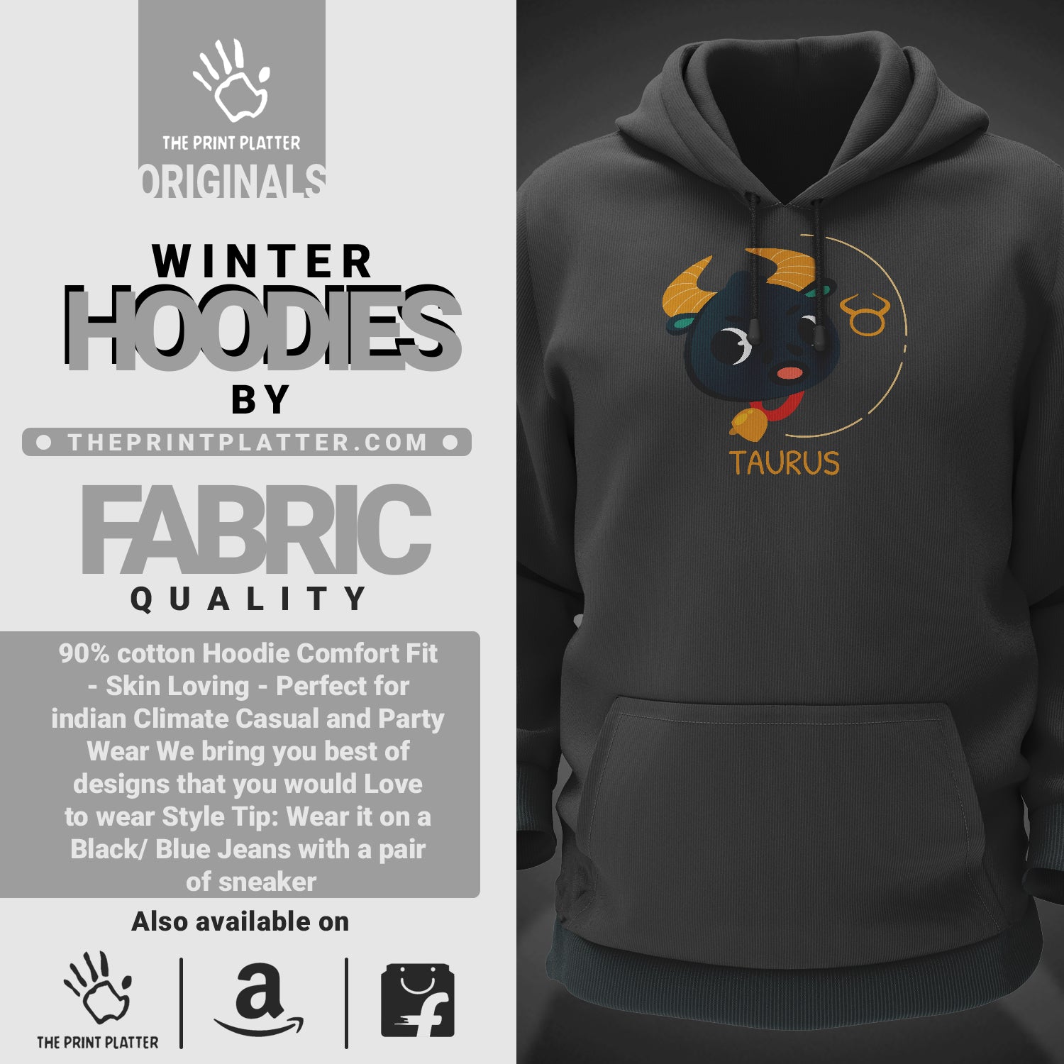 Taurus - Zodiac Cotton Bio Wash 330gsm Sweatshirt with Hood for Winter | H-R324