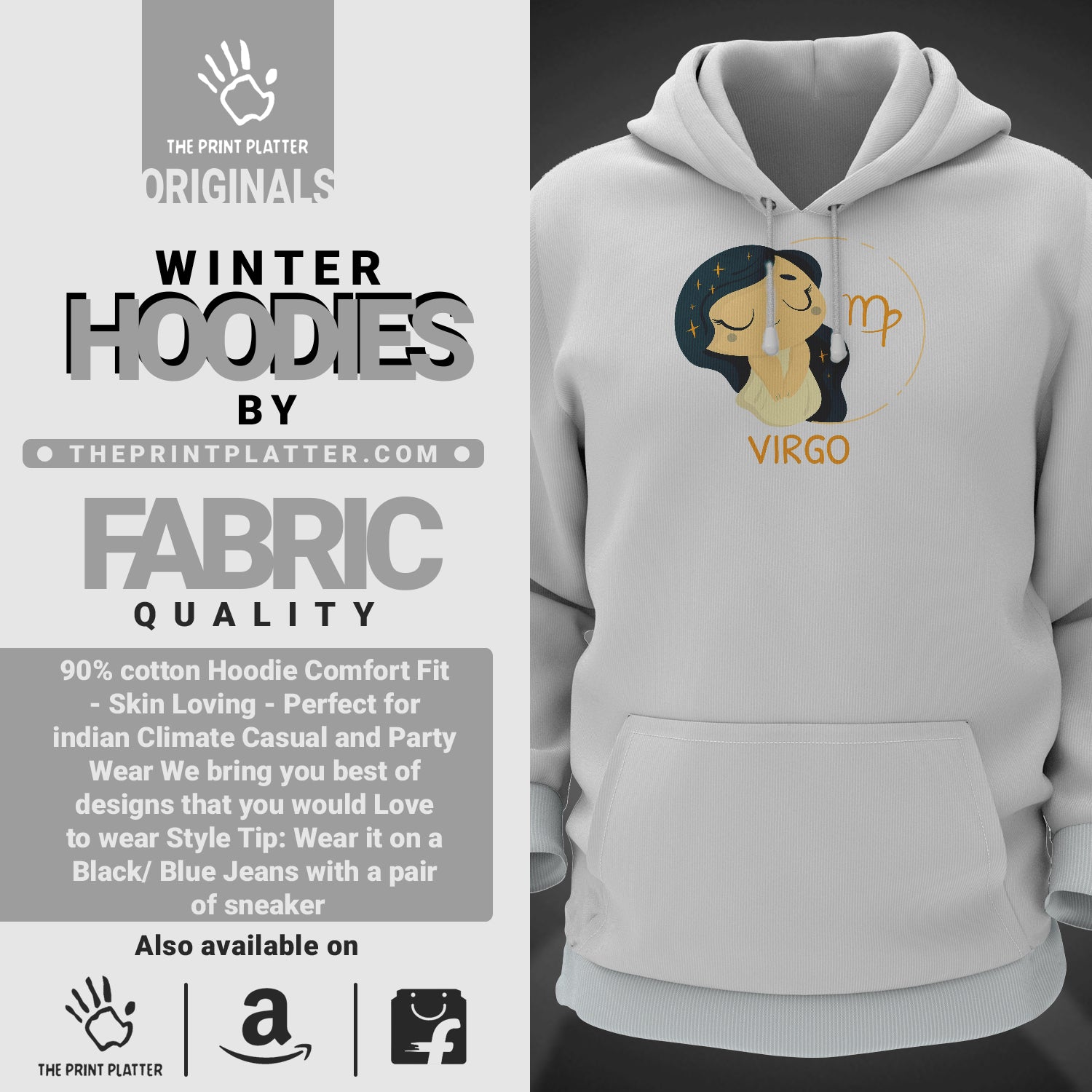 Virgo - Zodiac Cotton Bio Wash 330gsm Sweatshirt with Hood for Winter | H-R325