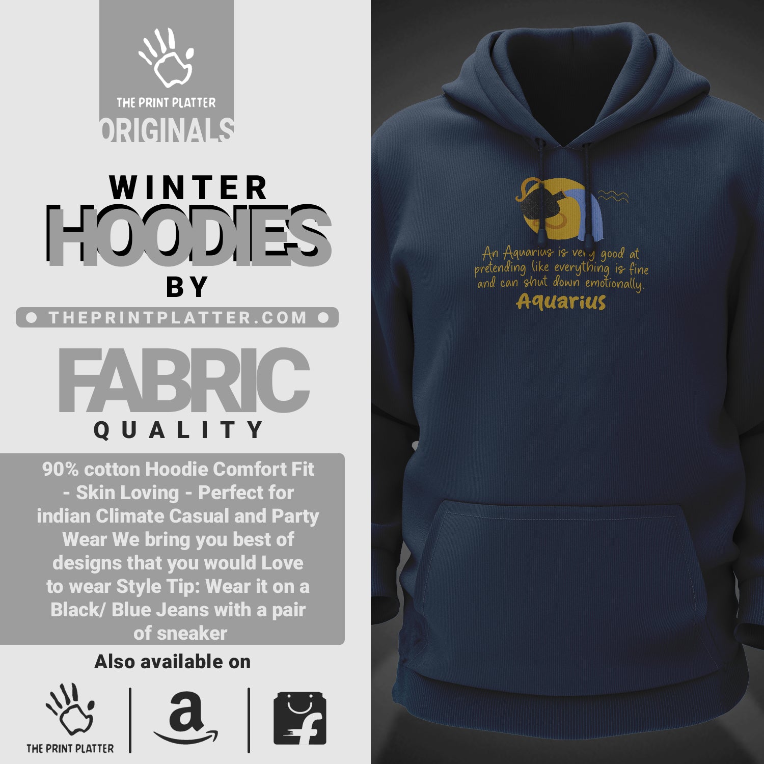 Aquarius - Zodiac Cotton Bio Wash 330gsm Sweatshirt with Hood for Winter | H-R326