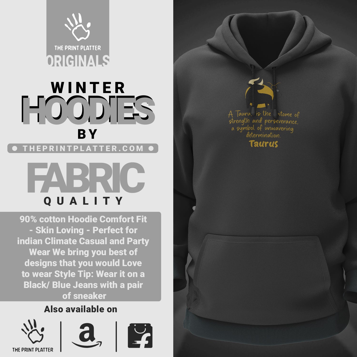 Taurus - Zodiac Cotton Bio Wash 330gsm Sweatshirt with Hood for Winter | H-R336