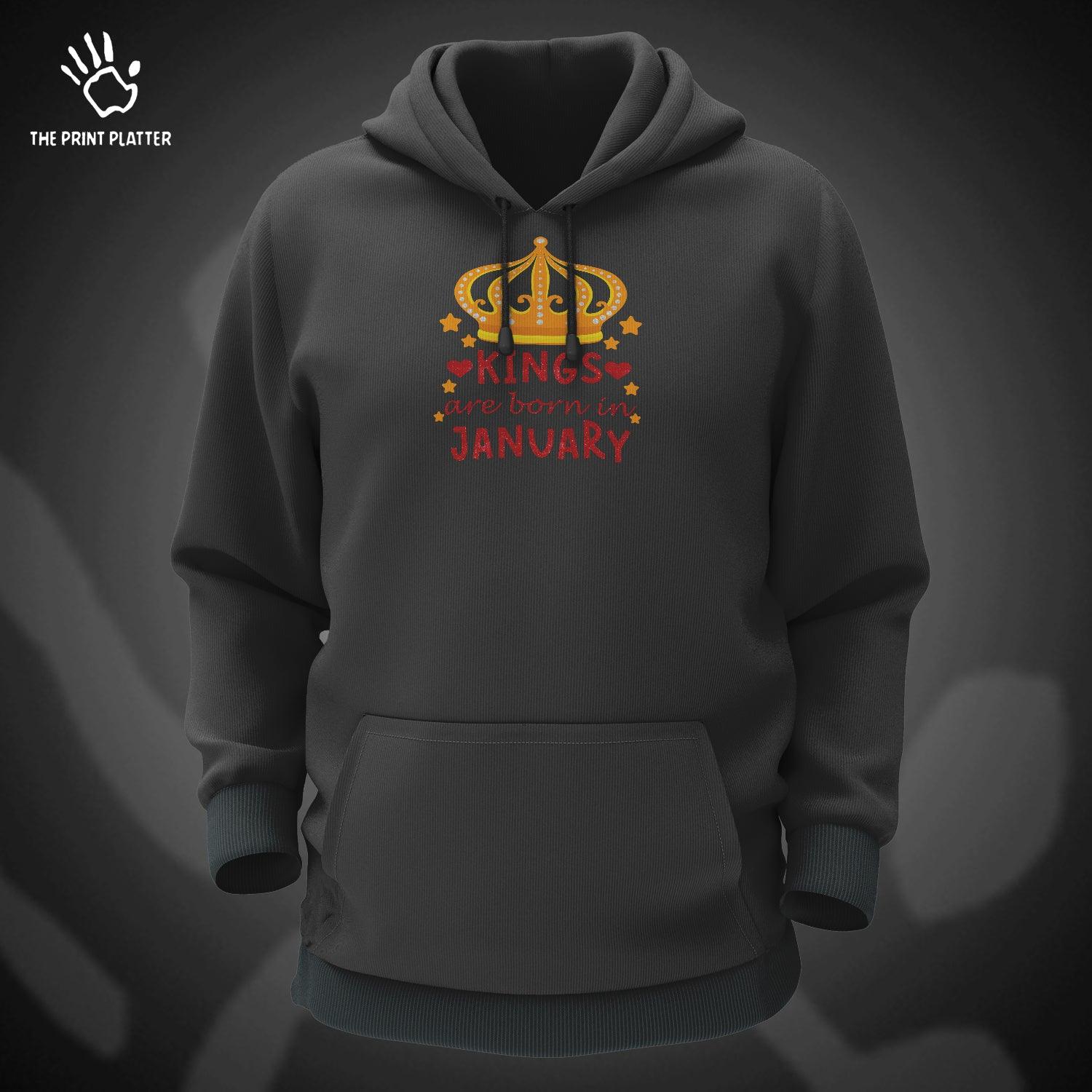 Kings Are Born In January Cotton Bio Wash 330gsm Sweatshirt with Hood for Winter | H-R338