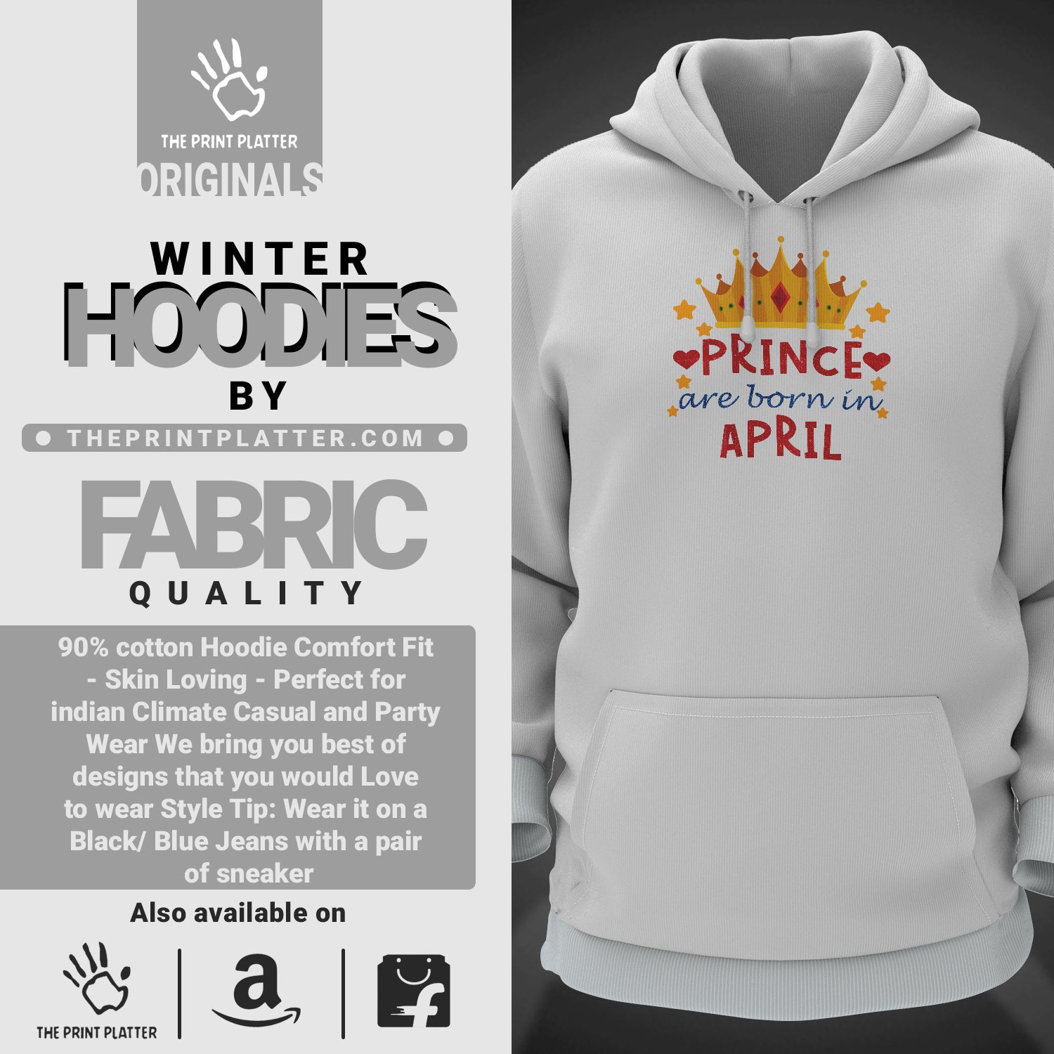 Prince Are Born In April Cotton Bio Wash 330gsm Sweatshirt with Hood for Winter | H-R365