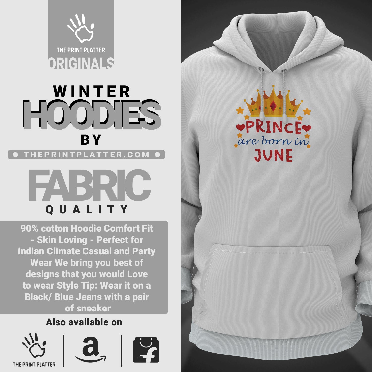 Prince Are Born In June Cotton Bio Wash 330gsm Sweatshirt with Hood for Winter | H-R367