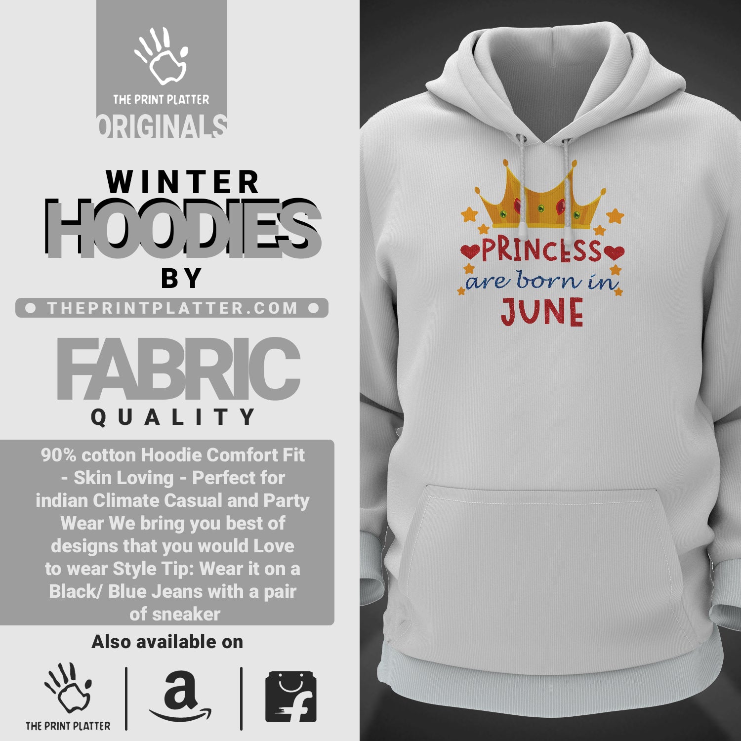 Princess  Are Born In June Cotton Bio Wash 330gsm Sweatshirt with Hood for Winter | H-R379