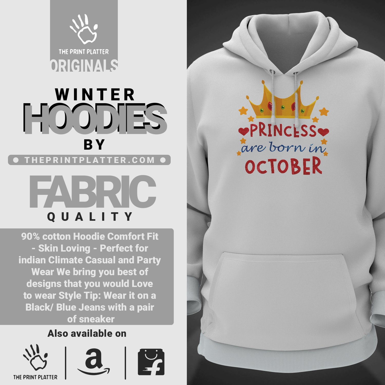 Princess  Are Born In October Cotton Bio Wash 330gsm Sweatshirt with Hood for Winter | H-R383