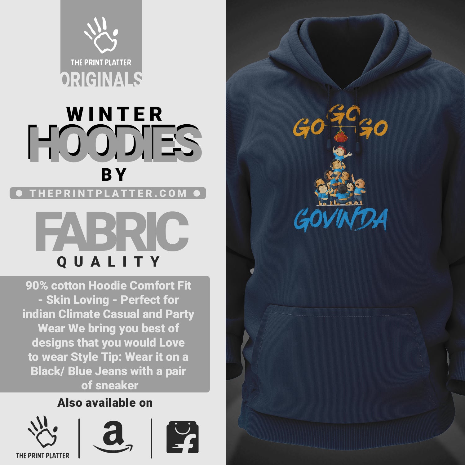 Go Go Go Govinda Cotton Bio Wash 330gsm Sweatshirt with Hood for Winter | H-R419