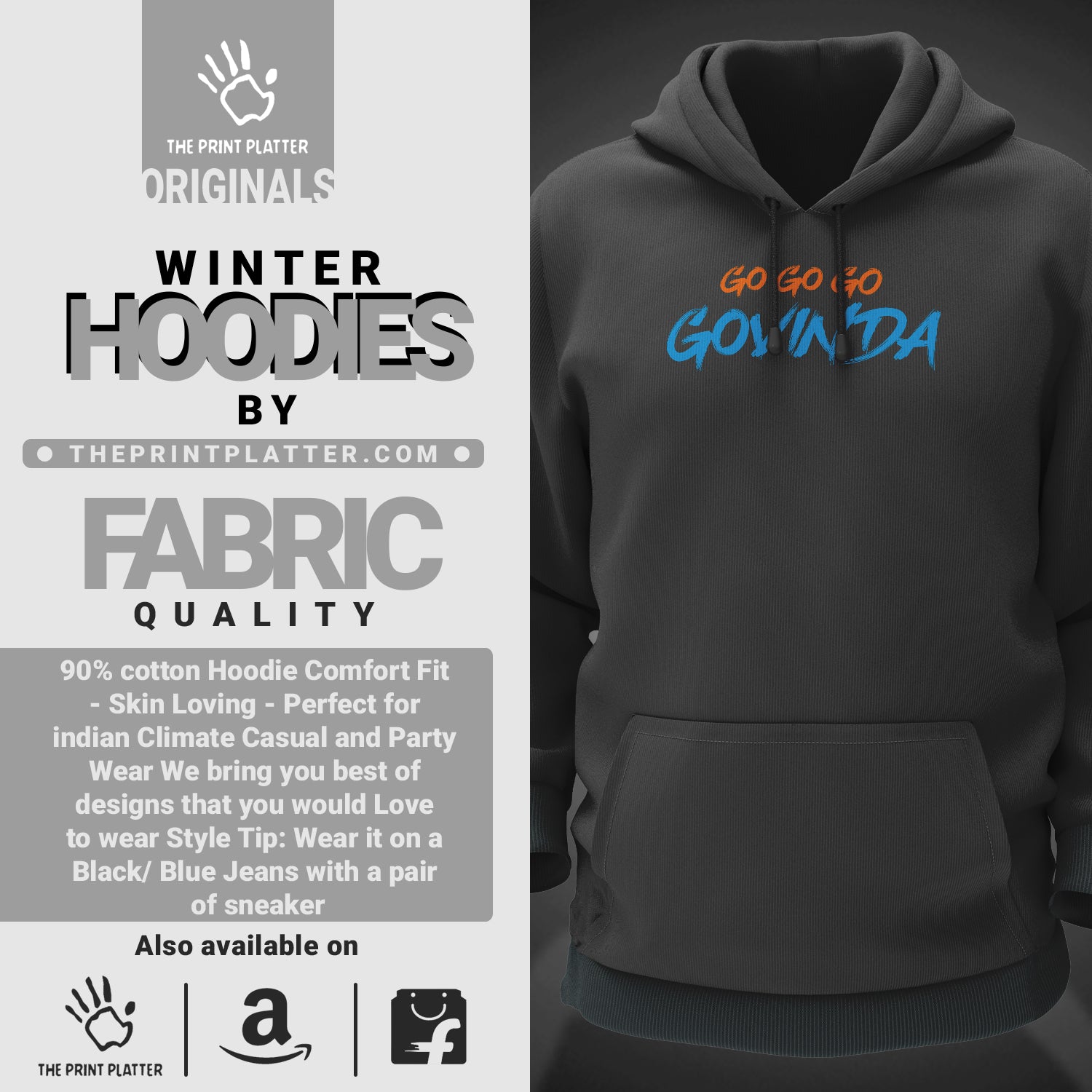 Go Go Go Govinda Cotton Bio Wash 330gsm Sweatshirt with Hood for Winter | H-R420