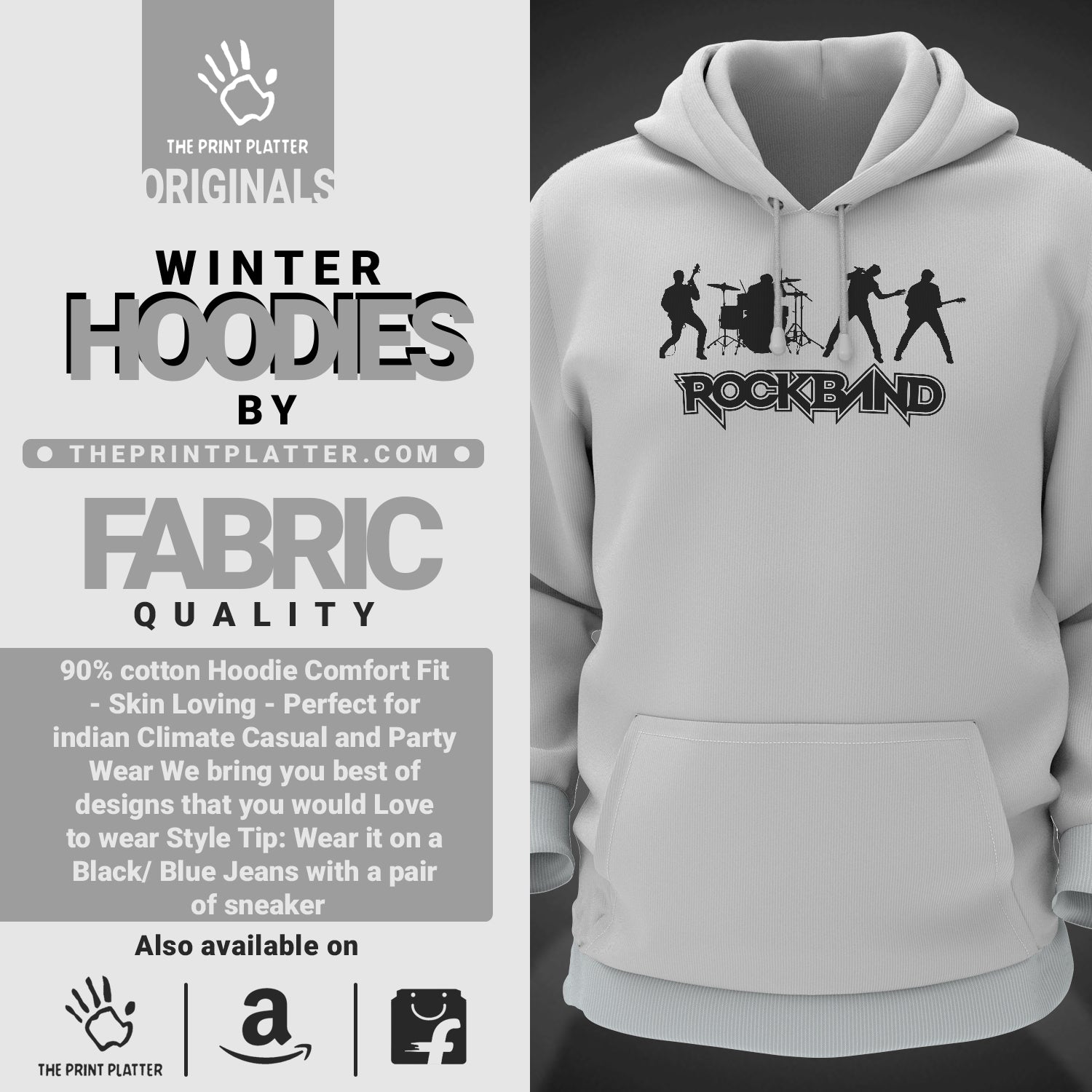 Rock Band Cotton Bio Wash 330gsm Sweatshirt with Hood for Winter | H-R90