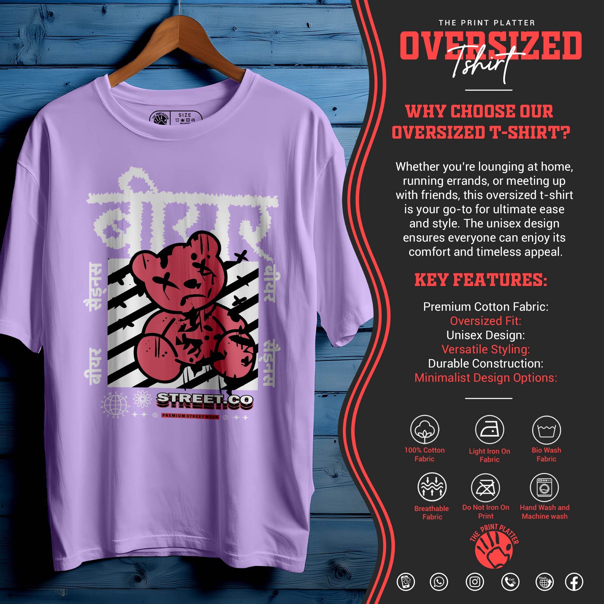 Bear Sadness Oversized Black T-shirt Bio Wash| 23