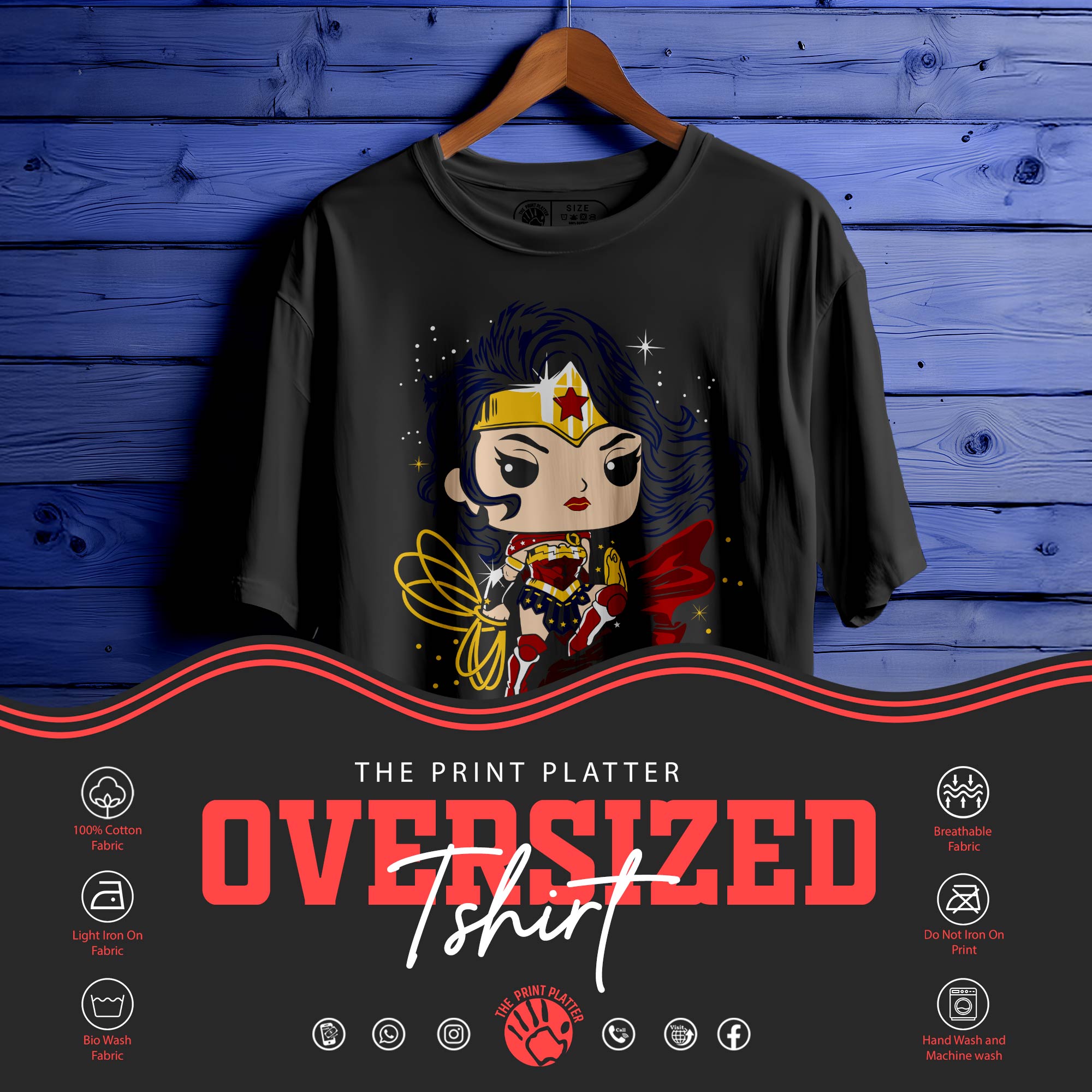 WONDER-WOMEN Oversized Black T-shirt Bio Wash| 25
