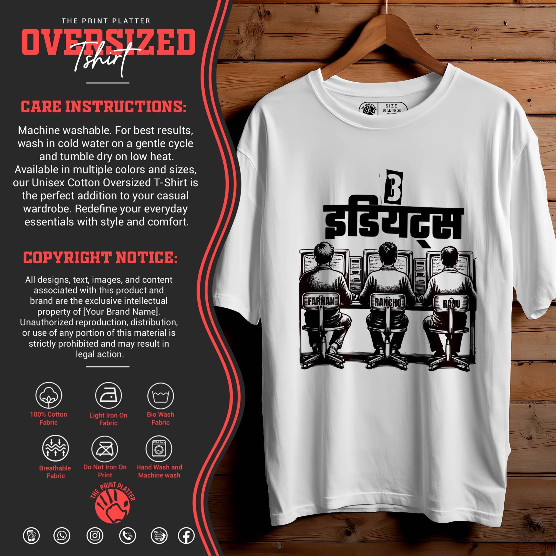 3-Idiots OVERSIZED T-SHIRT FOR UNISEX BIO WASH |54