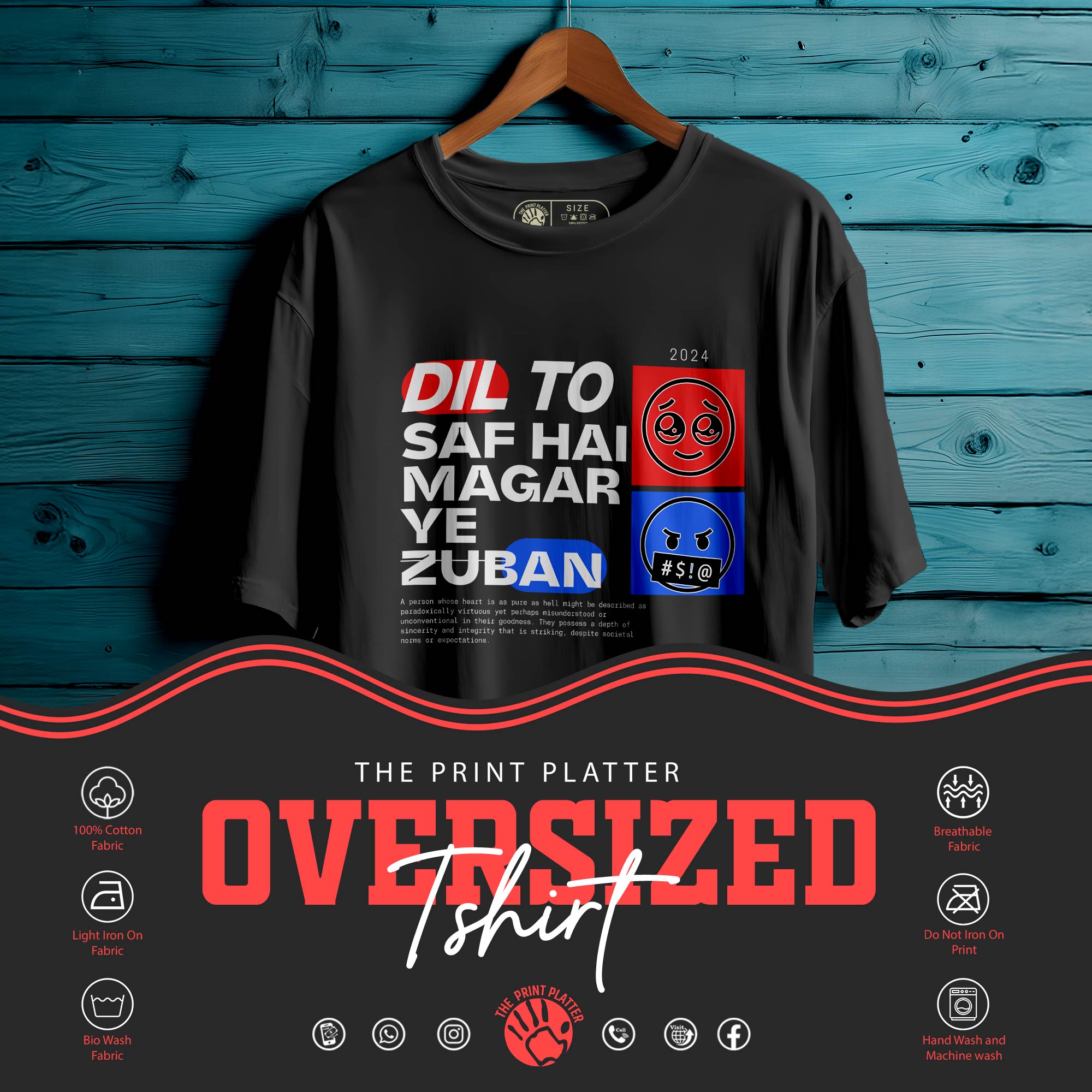 DIL TO SAAF HAI  Oversized Black T-shirt Bio Wash| 63