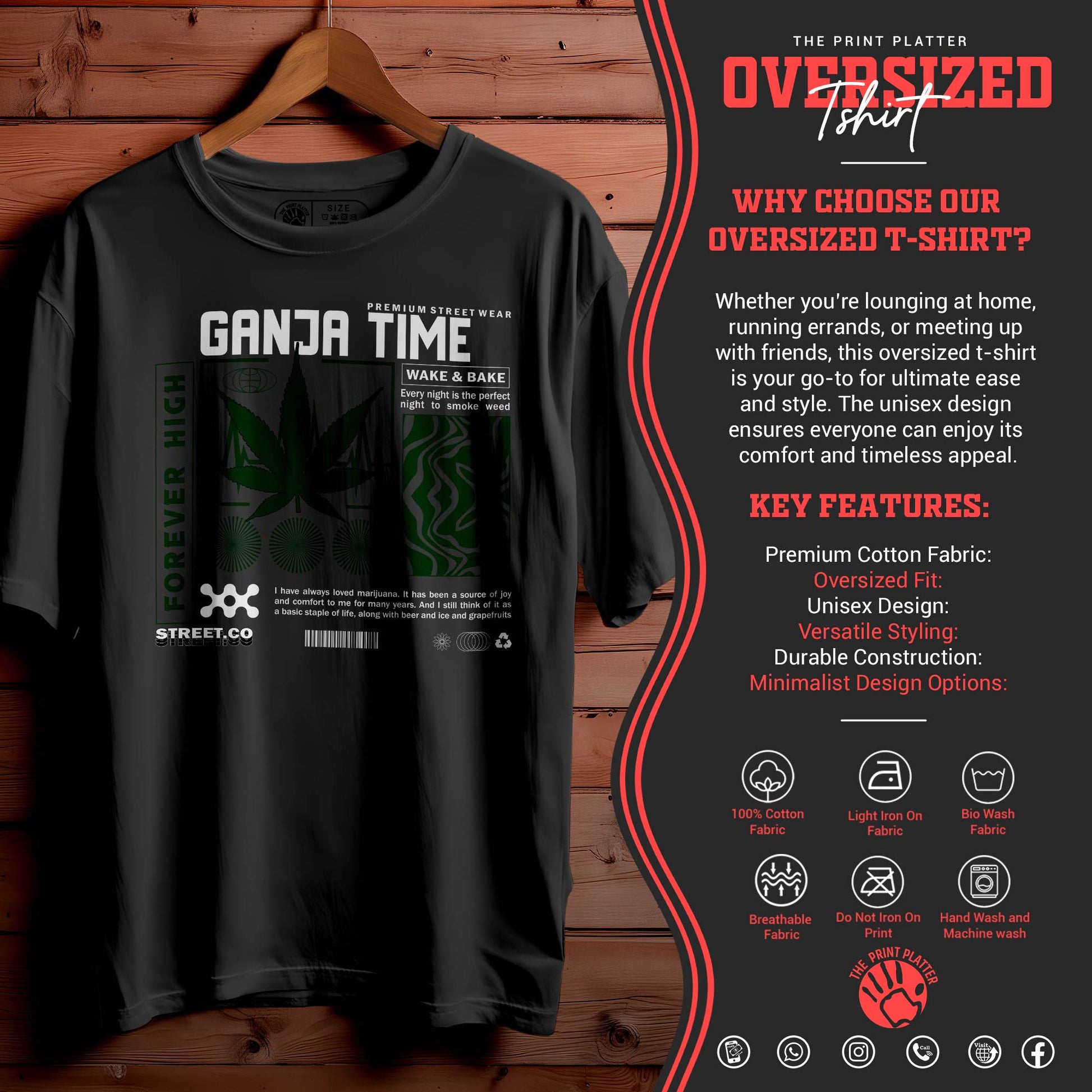 GANJA TIME Oversized Black T-shirt Bio Wash| 41