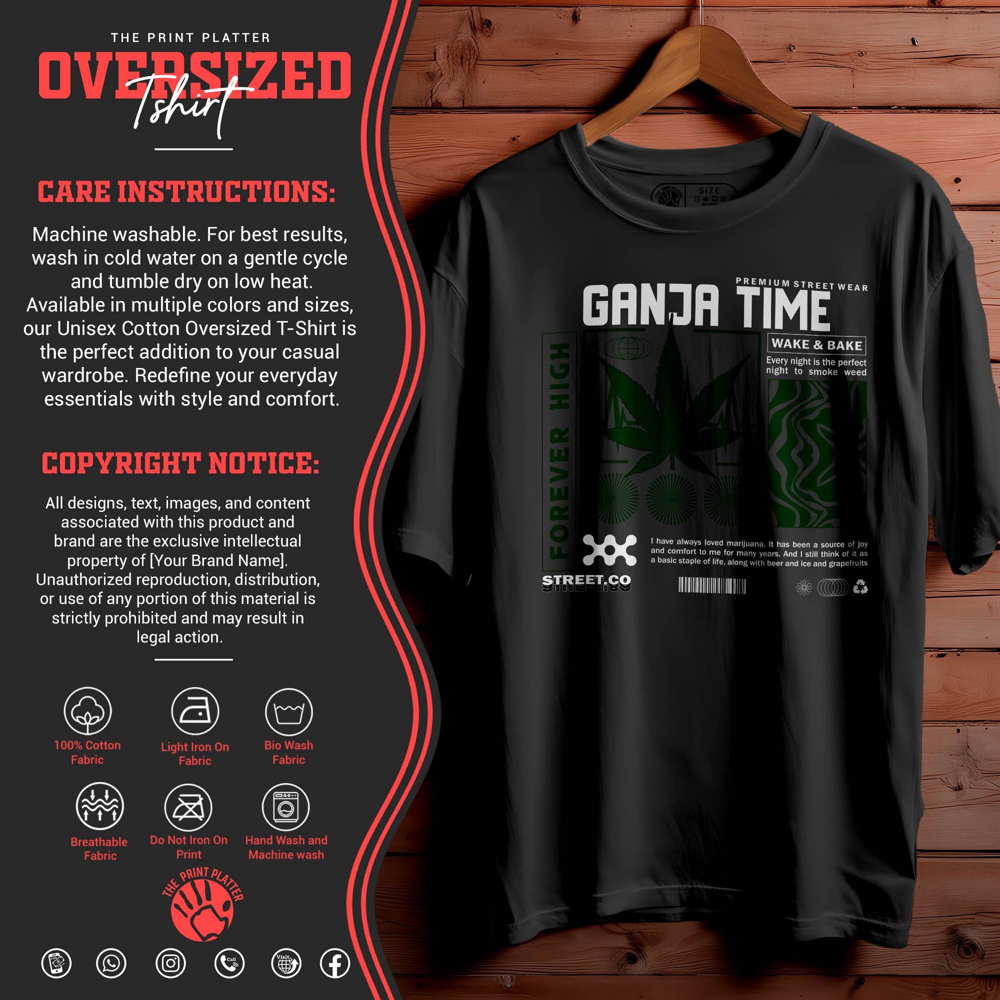 GANJA TIME Oversized Black T-shirt Bio Wash| 41