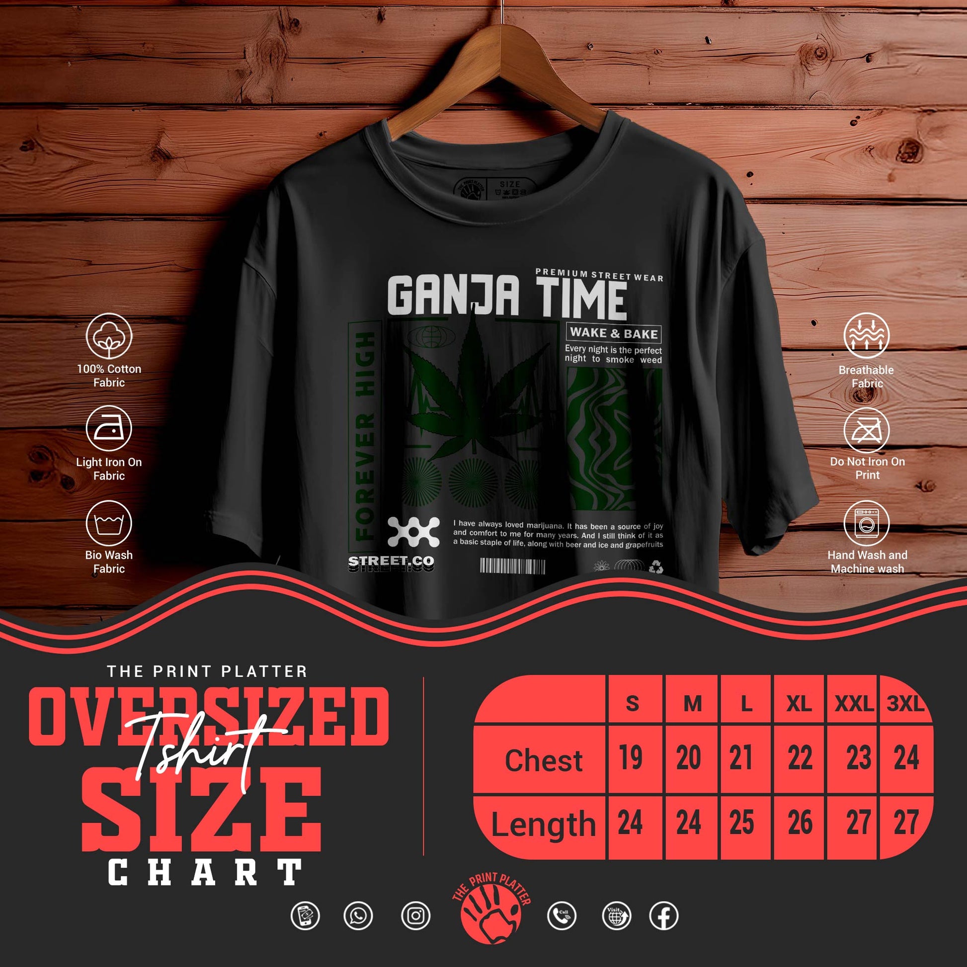 GANJA TIME Oversized Black T-shirt Bio Wash| 41