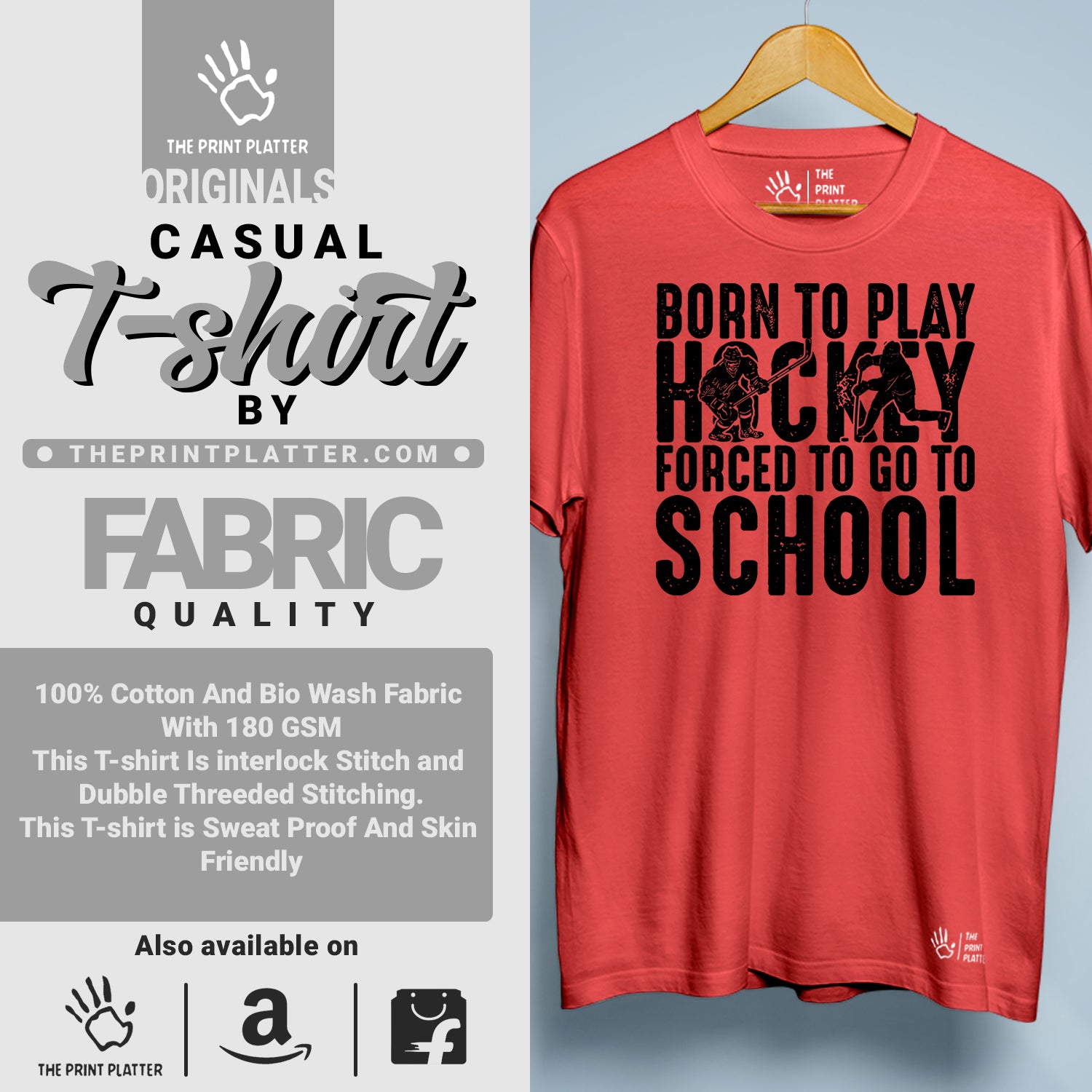 Born To Play Hockey Forced To Go To School Cotton Bio Wash 180gsm T-shirt | T-R149