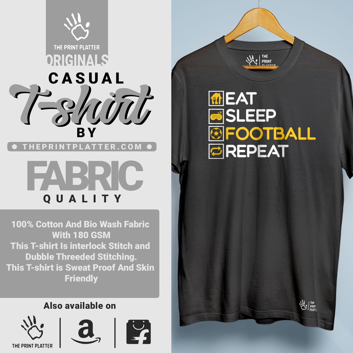 Eat Sleep Football Repeat Cotton Bio Wash 180gsm T-shirt | T-R154