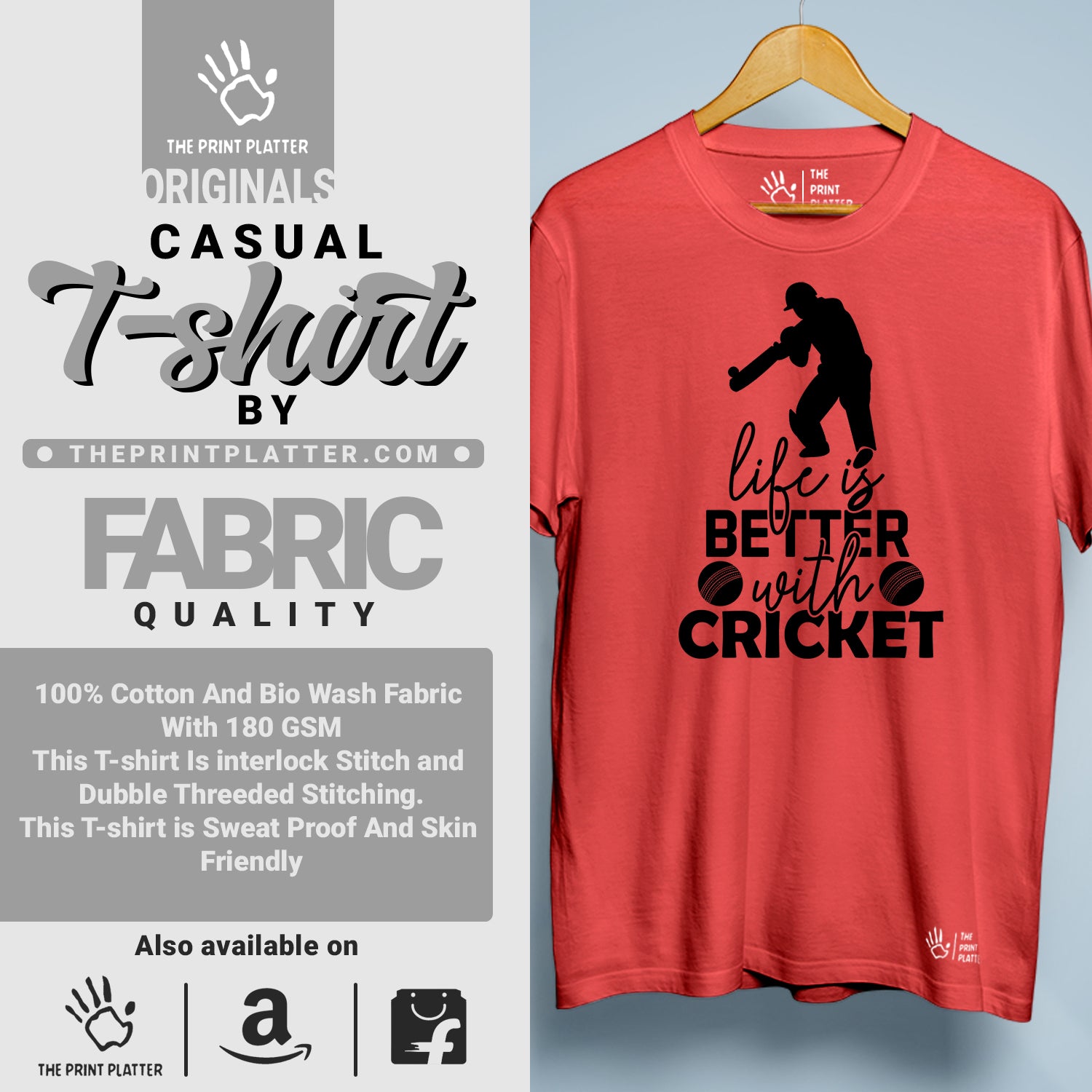 Life is better with Cricket  Cotton Bio Wash 180gsm T-shirt | T-R159