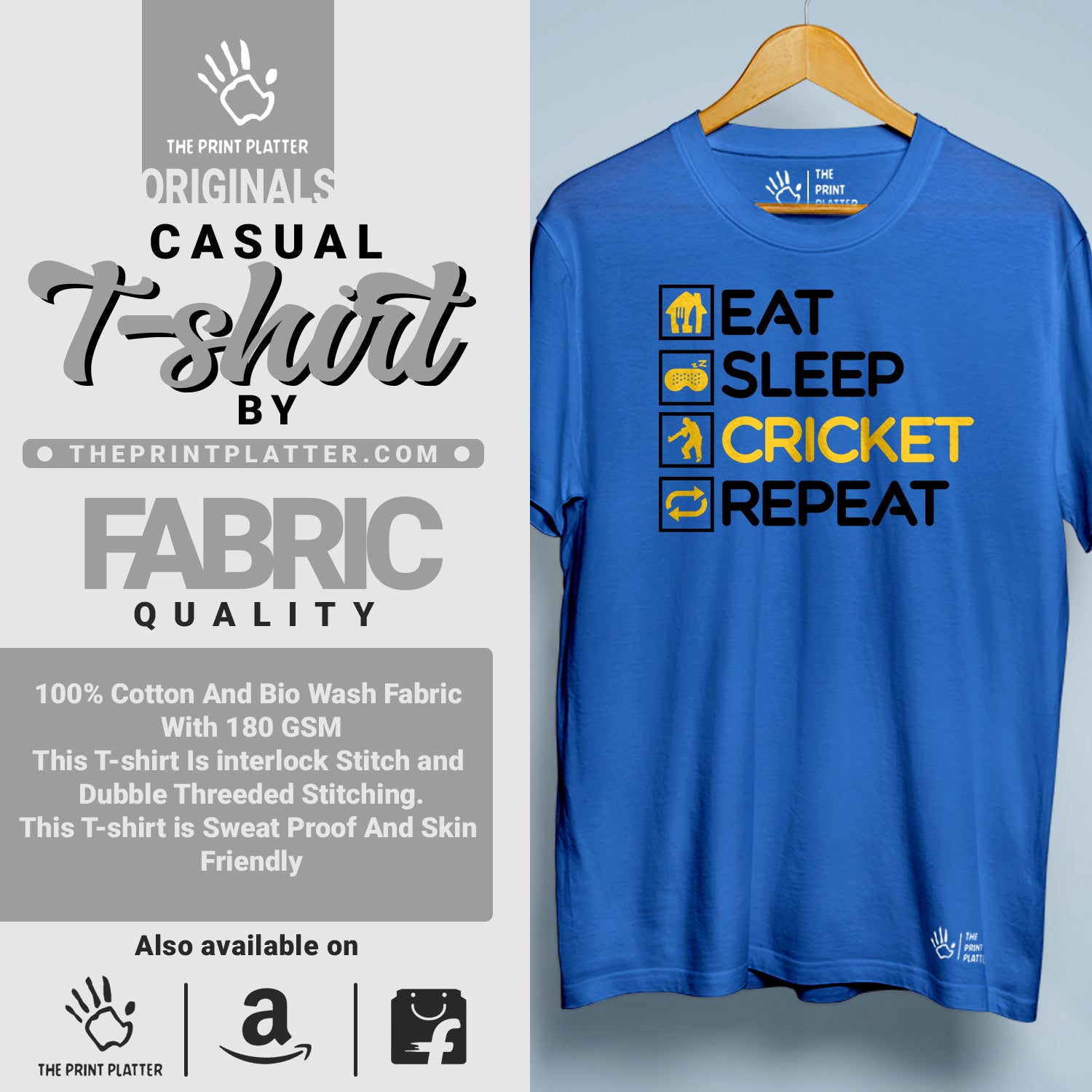 Eat Sleep Cricket Repeat Cotton Bio Wash 180gsm T-shirt | T-R162